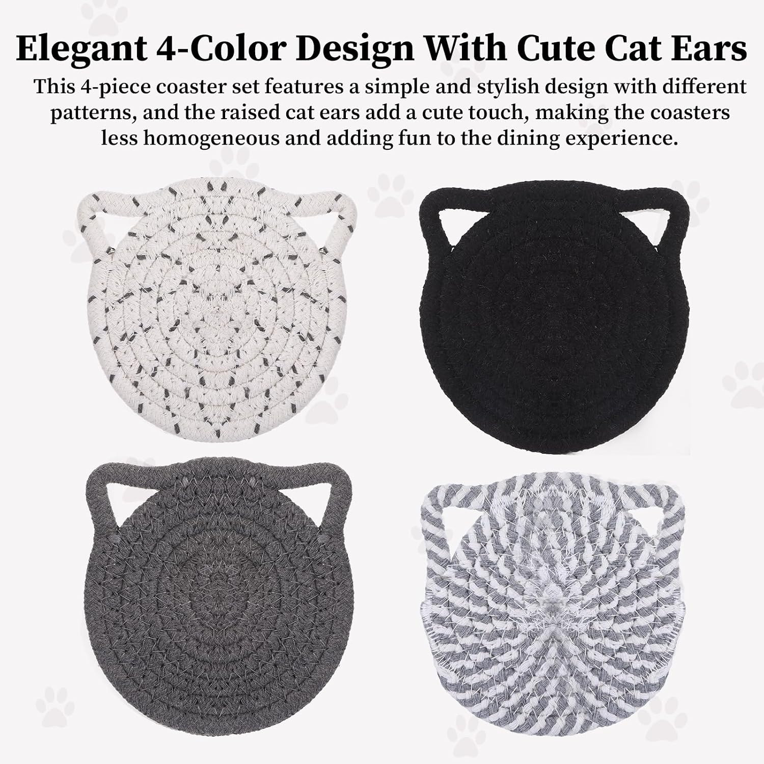 Cat Ears Coasters Set of 4 with Holder, Minimalist Handmade Braided Cotton Non-Slip Absorbent Cat Coasters for Drinks, Coffee Bar Accessories, House Warming Gifts for New Home (Grey) image 4