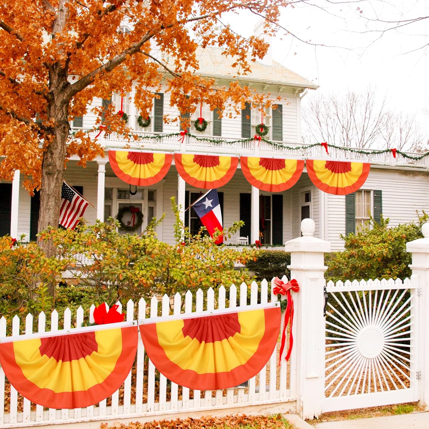 VitalCozy 8 Pcs Fall Thanksgiving Pleated Fan Flags 3 x 1.5 Feet Orange Red Yellow Stripe Pleated Flag Buntings for Outside Half Fan Banners for Autumn Thanksgiving Indoor Outdoor Holiday Parade Decor