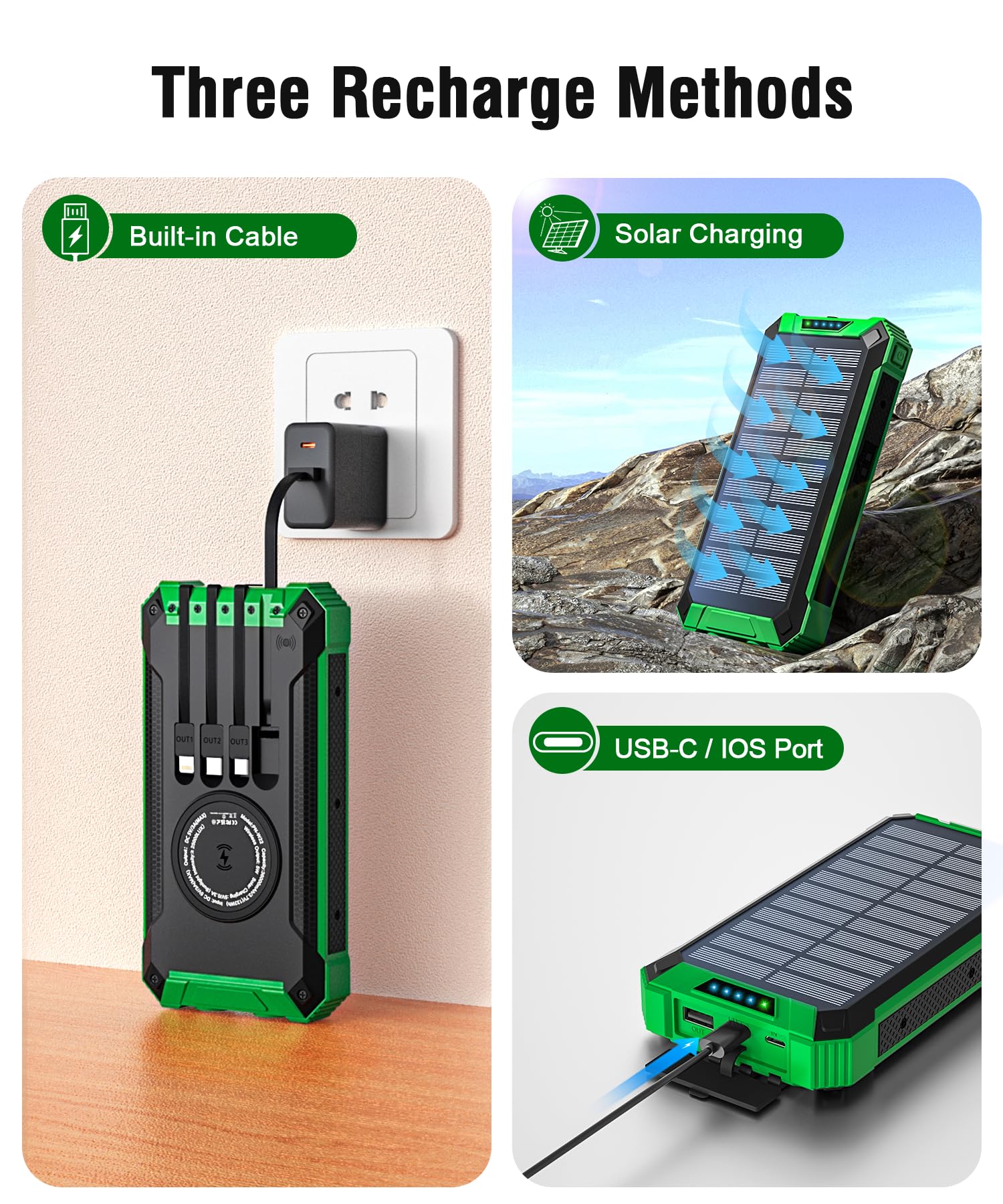 Wireless Power Bank Solare 26800mAh con 4 Cavi, USB-C 15W Ricarica Rapida | Caricabatterie Solare Portatile, Batteria Esterna 6 Uscite 3 Ingressi per Telefono, Power Bank con Torcia, Moschettone