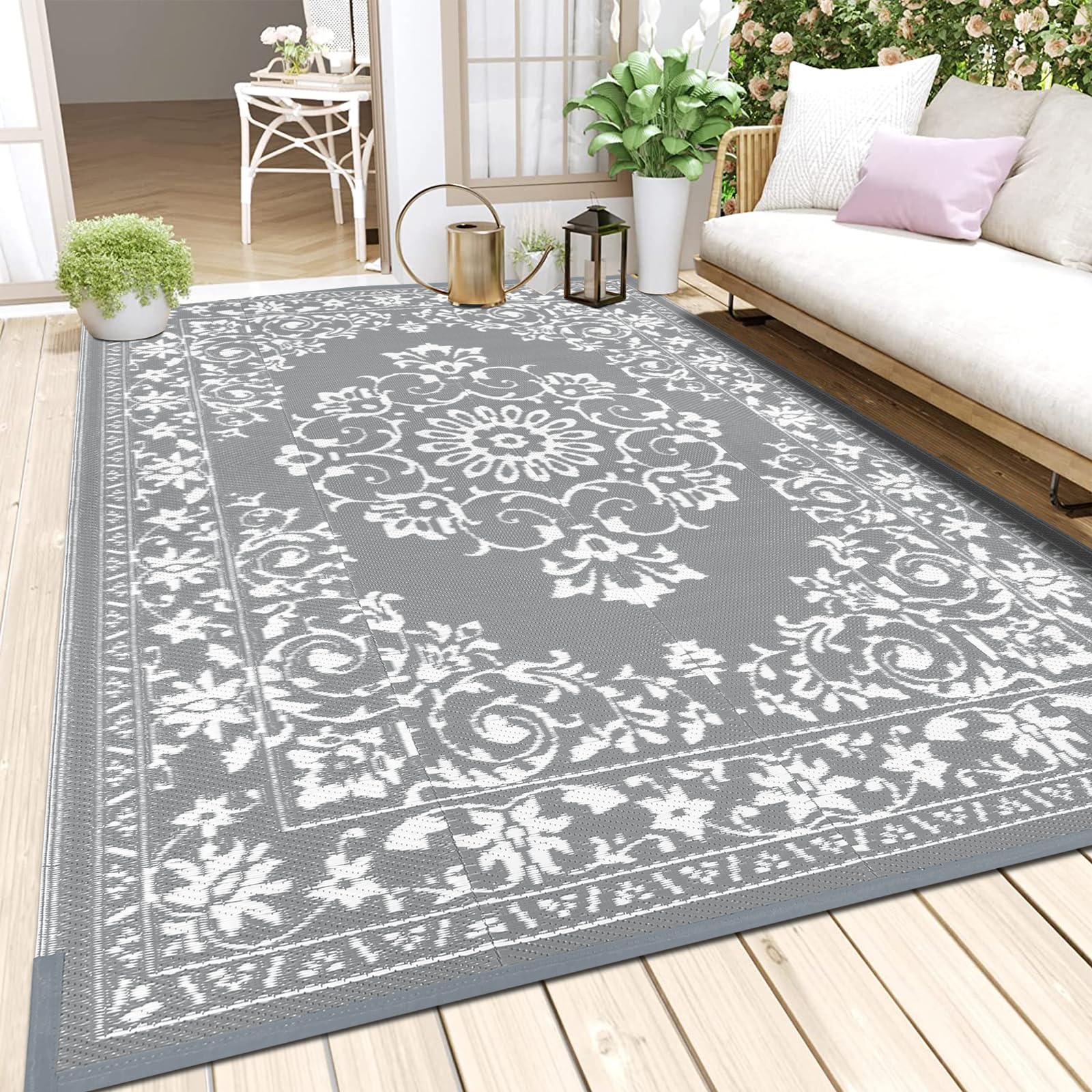 Enyhom Extra Large Outdoor Area Rugs 270 x 360 cm, Waterproof Durable Garden Rug Reversible Camping Rugs Outdoor Patio Rug for RV,Deck,Beach,Balcony,Porch,Trailer,Backyard