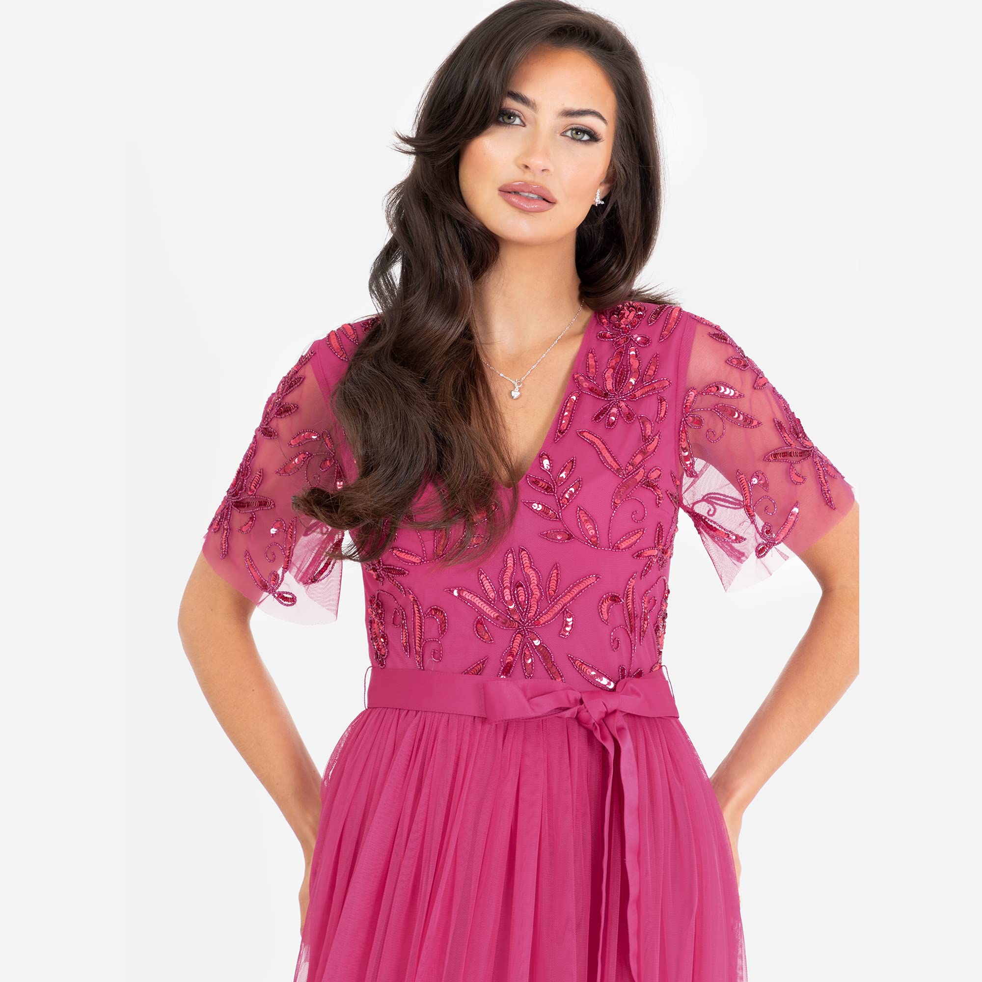 Maya Deluxe Womens Maxi Dress Ladies Ball Gown for Wedding Guest Embellished Tie Waist V Neck Bridesmaid Prom Evening Occasion Vestito Donna