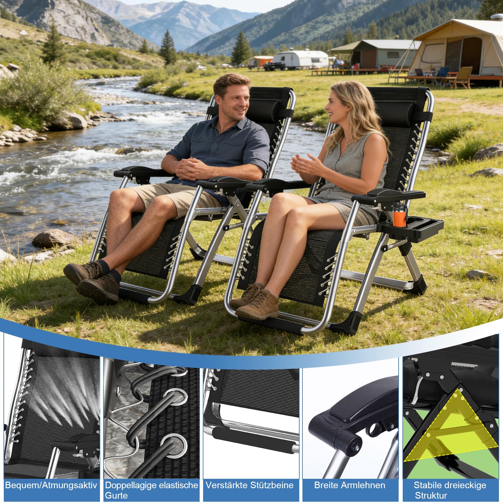 Fiutazge Chaise Longue Pliable Jardin 72cm,Dossier Réglable,Capacité 240kg,avec Coussin, Appui-tête, Porte-Boisson, Repose-Pieds et Housse,Transat de Jardin pour Terrasse,Balcon,Piscine,Camping-Gris