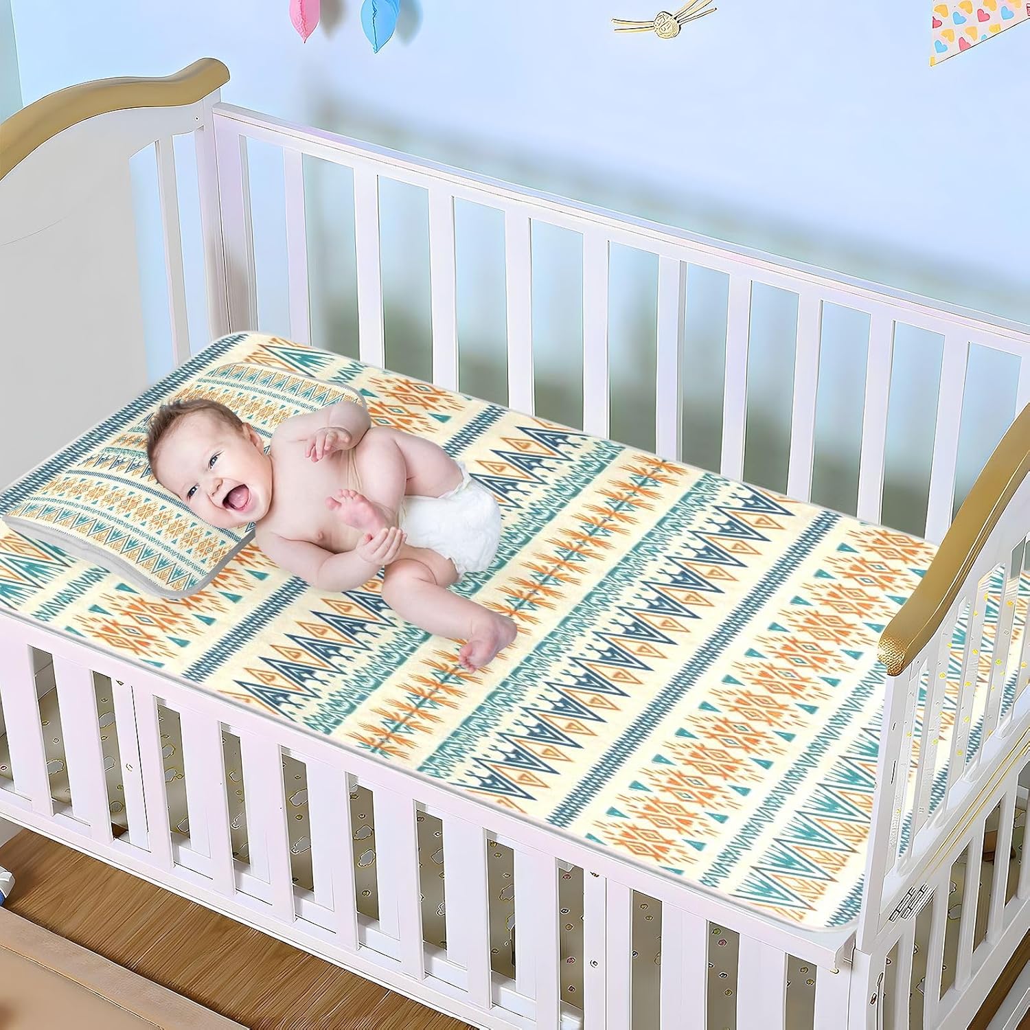 Cooling Baby Fitted Crib Mattress 28" x 52" Absorbent Western Boho Aztec Vintage Style Pads for beds for Baby&Toddler