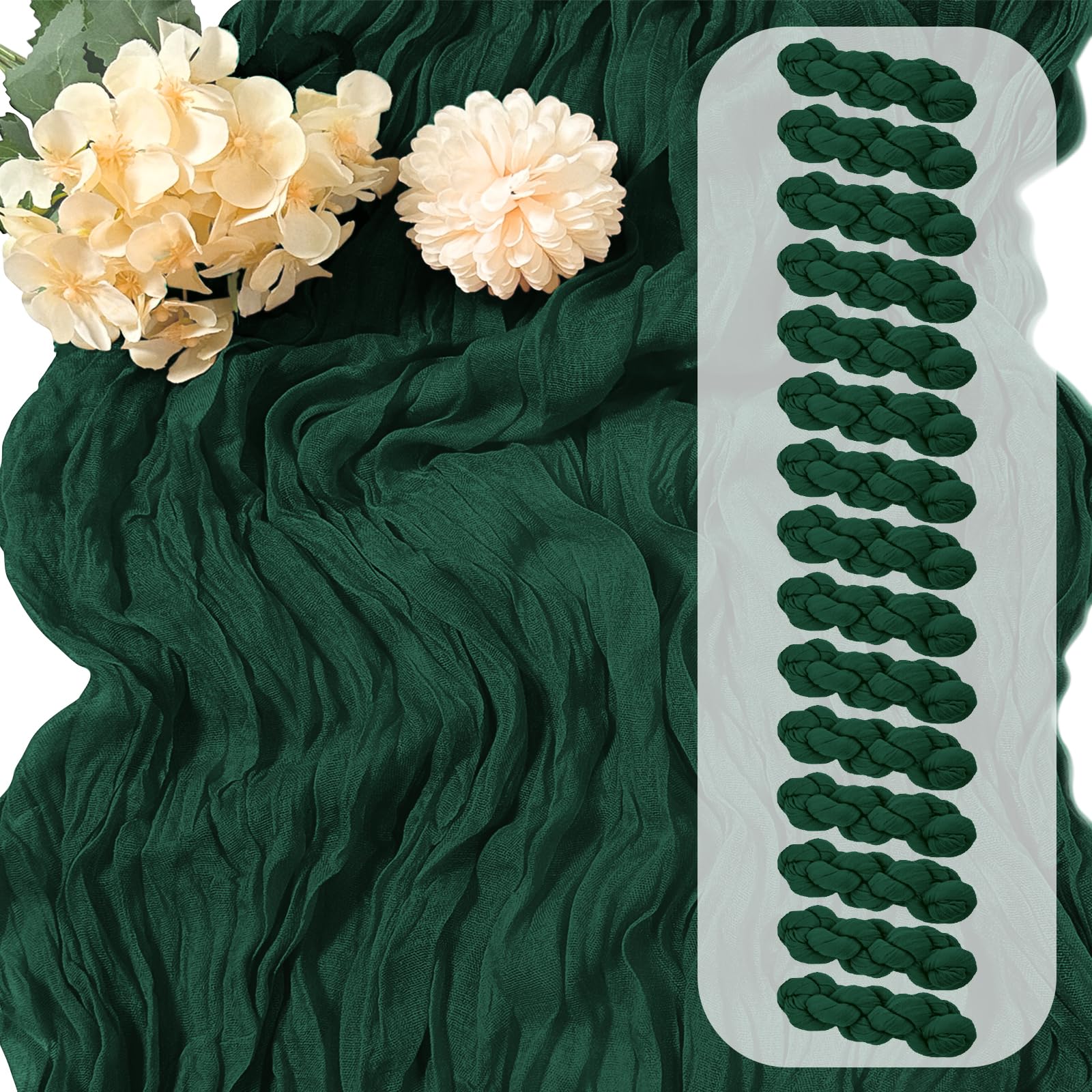 Photo 1 of 15 Pack Emerald Green Cheesecloth Table Runner 17 x 108 inch Cheese Cloth Table Runners 9ft Green Table Runner Rustic Romantic Sheer Gauze Runner for Wedding Party Baby Shower Table Decoration