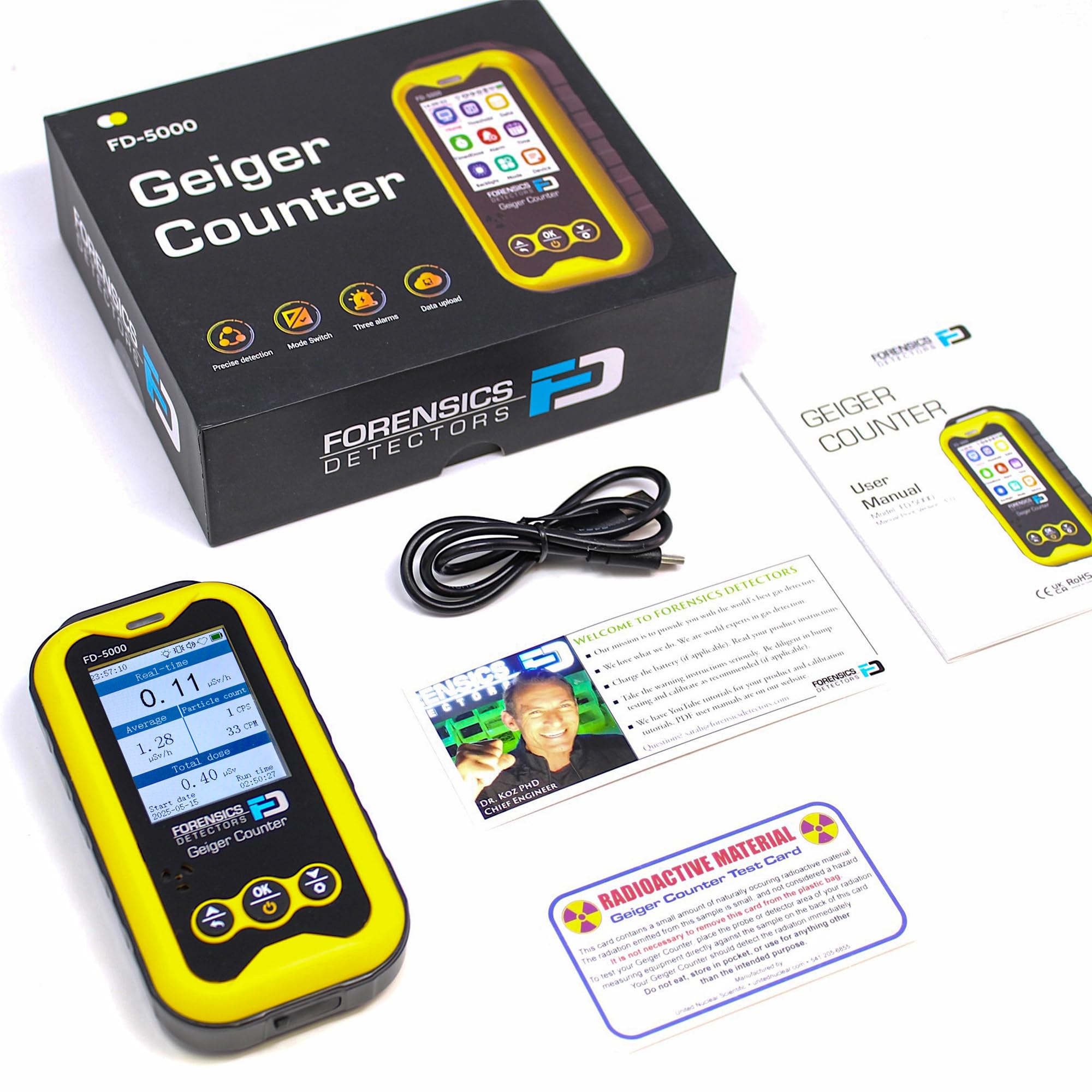 Contador Geiger + Tarjeta de prueba de radiación | Vida útil del sensor de 20 años | Detector de radiación | Beta, gamma y rayos X | Prueba de caída superada desde 10 pies