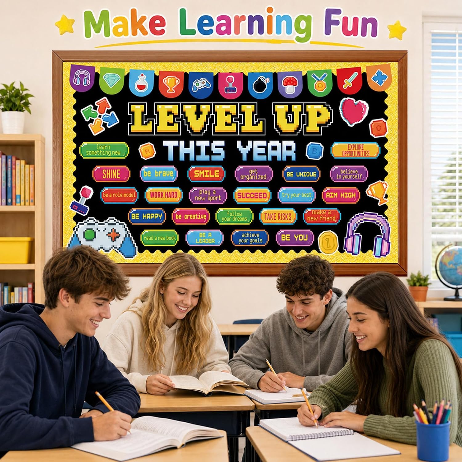Video Game Bulletin Board Set Growth Mindset Classroom Decoration Level up This Year Bulletin Board Positive Affirmation Inspirational Game Cutouts for Back to School Chalkboard Wall Decor image 4