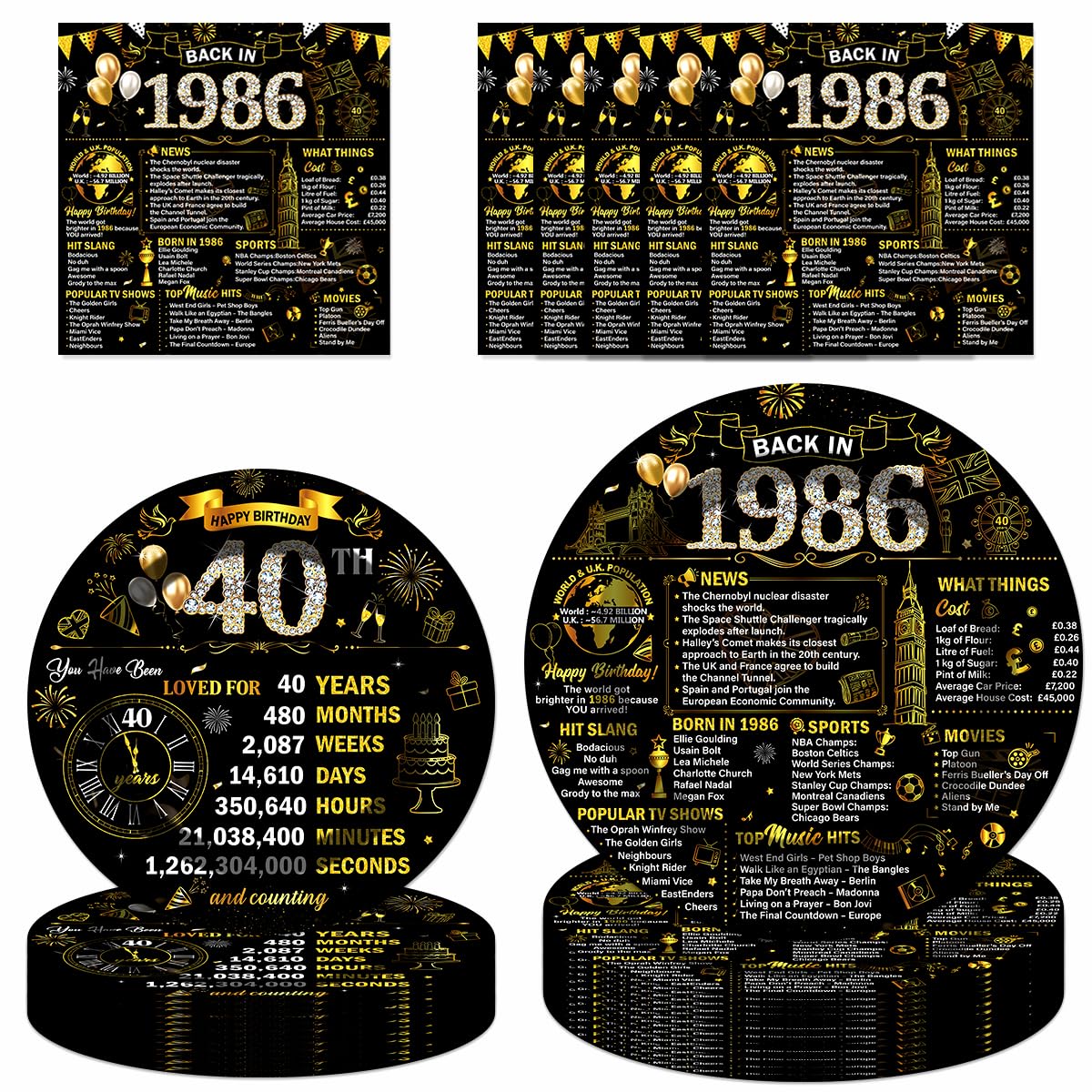 72Pcs Black Gold 40th Birthday Decorations Tableware Set Back in 1986 Paper Plates Napkins Happy Birthday 40th Disposable Tableware Decor for Women Men 40 Year Old Bday Party Favor Serve 24 Guests