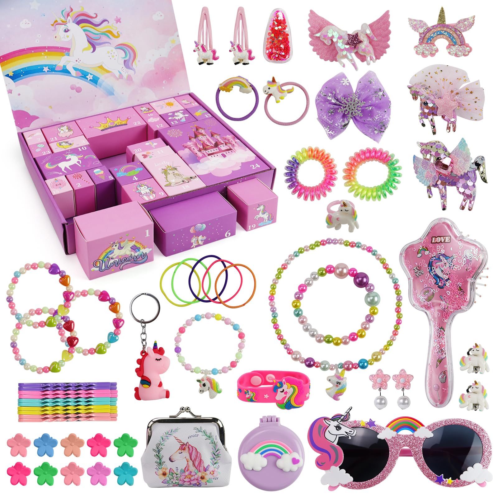 Advent Calendar 2024 for Girls, Christmas Countdown Calendar, 24 Days Surprise Xmas Unicorn Gift Box, Including Hair Accessories, Jewelry, Glasses, Bracelet, Coin Purse, Christmas Gifts for Girls