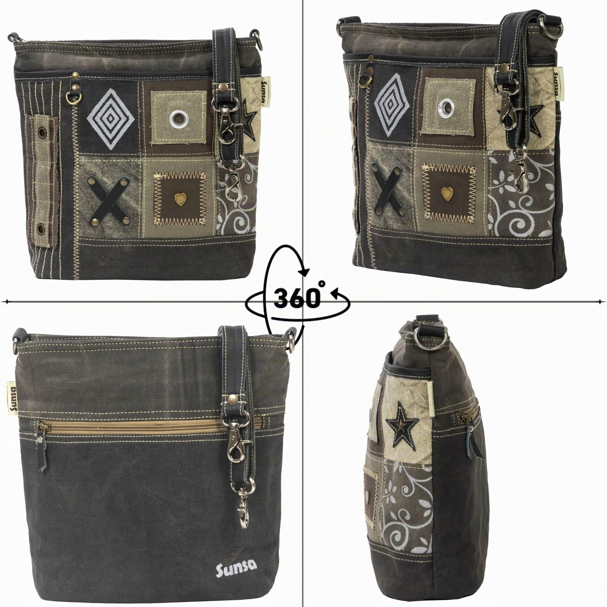Sunsa Taschen Damen. Umhängetasche aus Canvas/Leinwand & Leder, khakigrün