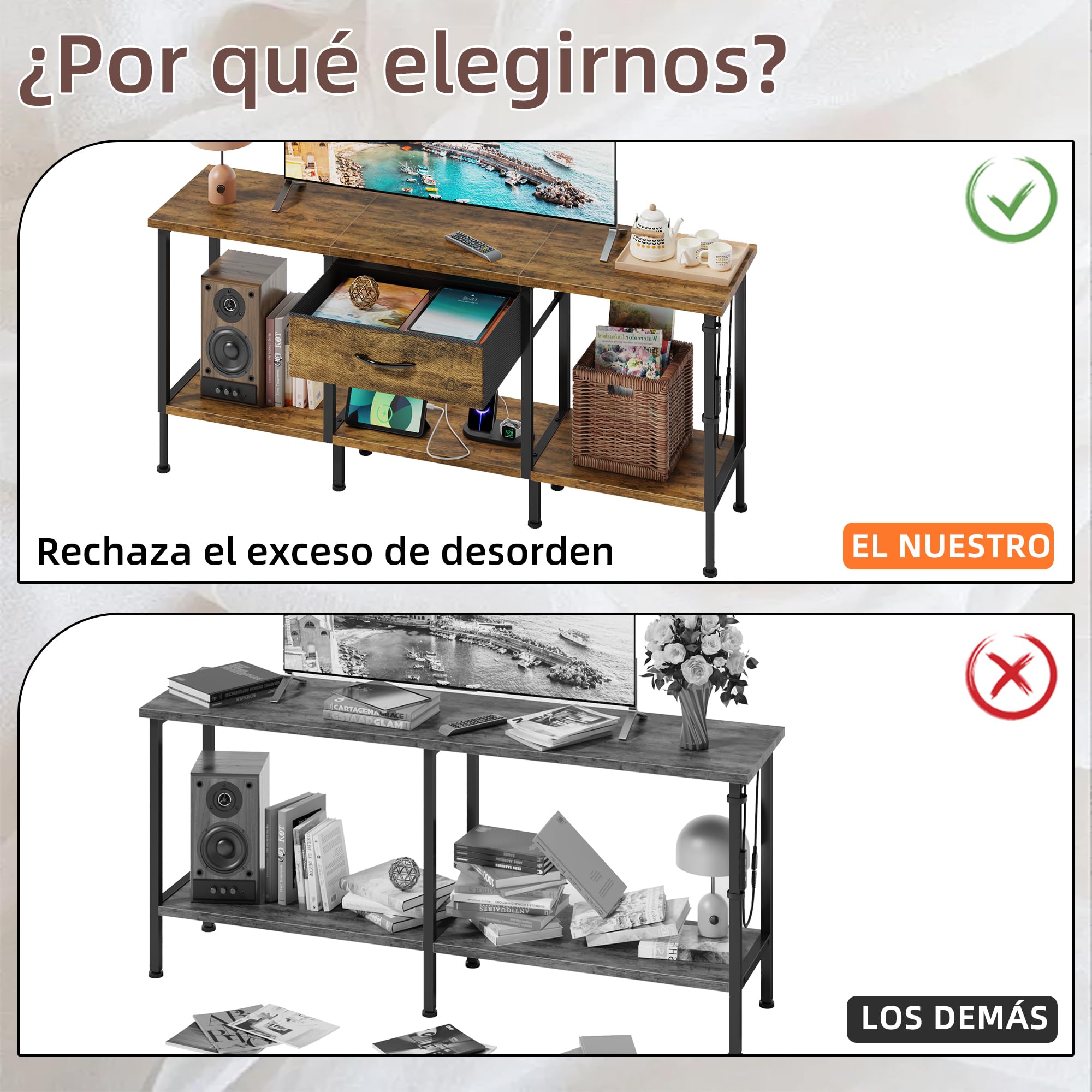Mueble de TV con Enchufe, Mesa Television con Iluminación LED, Cajón de Tela y Estantes, Mueble Bajo Salon de 140 cm para TV de hasta 65″, para Sala de Estar y Dormitorio, Marrón Rústico