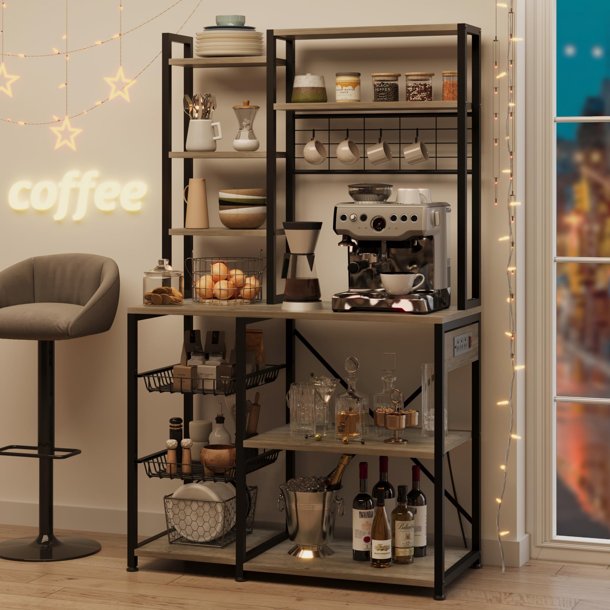 Zstar Estante De Almacenamiento De Cocina De Estilo Industrial con Enchufes y Ganchos, Múltiples Estantes, Amplio Espacio De Almacenamiento, Barra De Café, Gabinete para Microondas