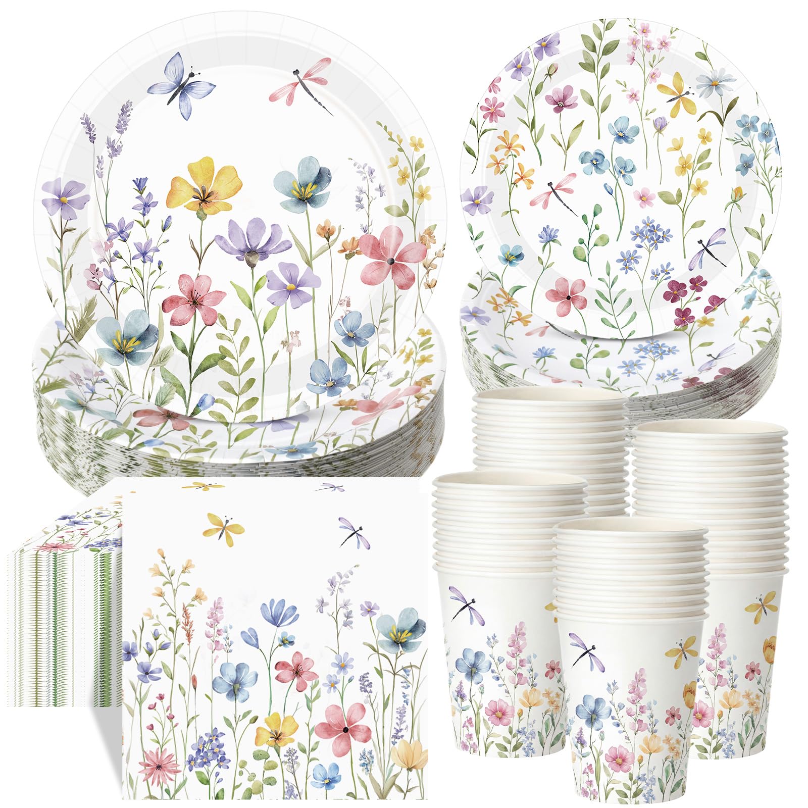 Pickmesh 250 Pcs Spring Floral Disposable Tableware Set Wildflower Butterfly Disposable Paper Plates Napkins and Cups for Baby Bridal Shower Birthday Wedding Baby in Bloom Garden Tea Party Supplies