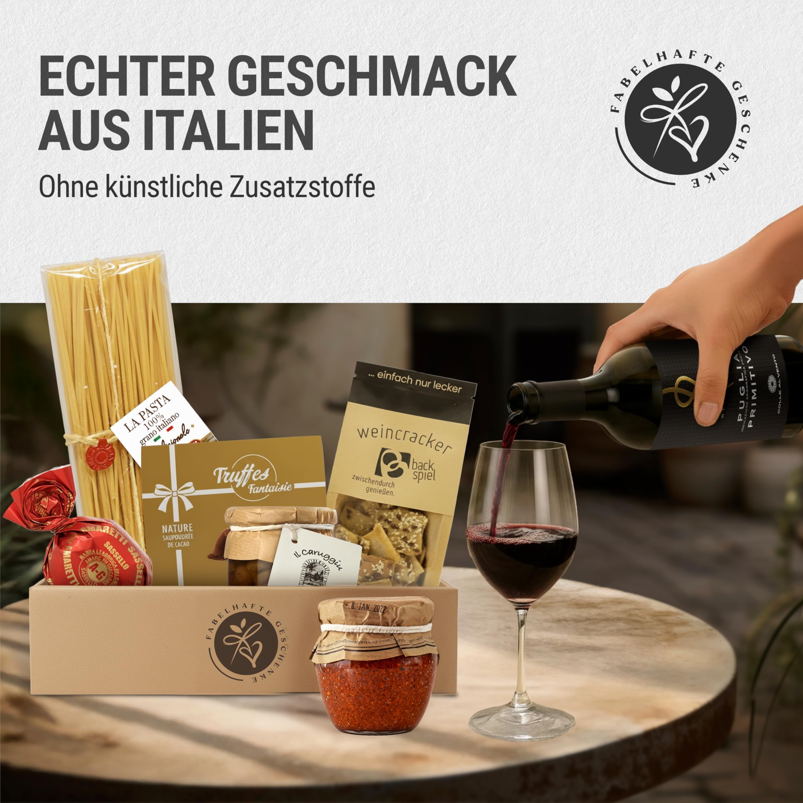 Präsentkorb Kulinarik Italien gefüllt mit trockenem Rotwein und italienischen Spezialitäten | Geschenkkorb für Männer & Frauen | mit " Herzlichen Glückwunsch" Banderole