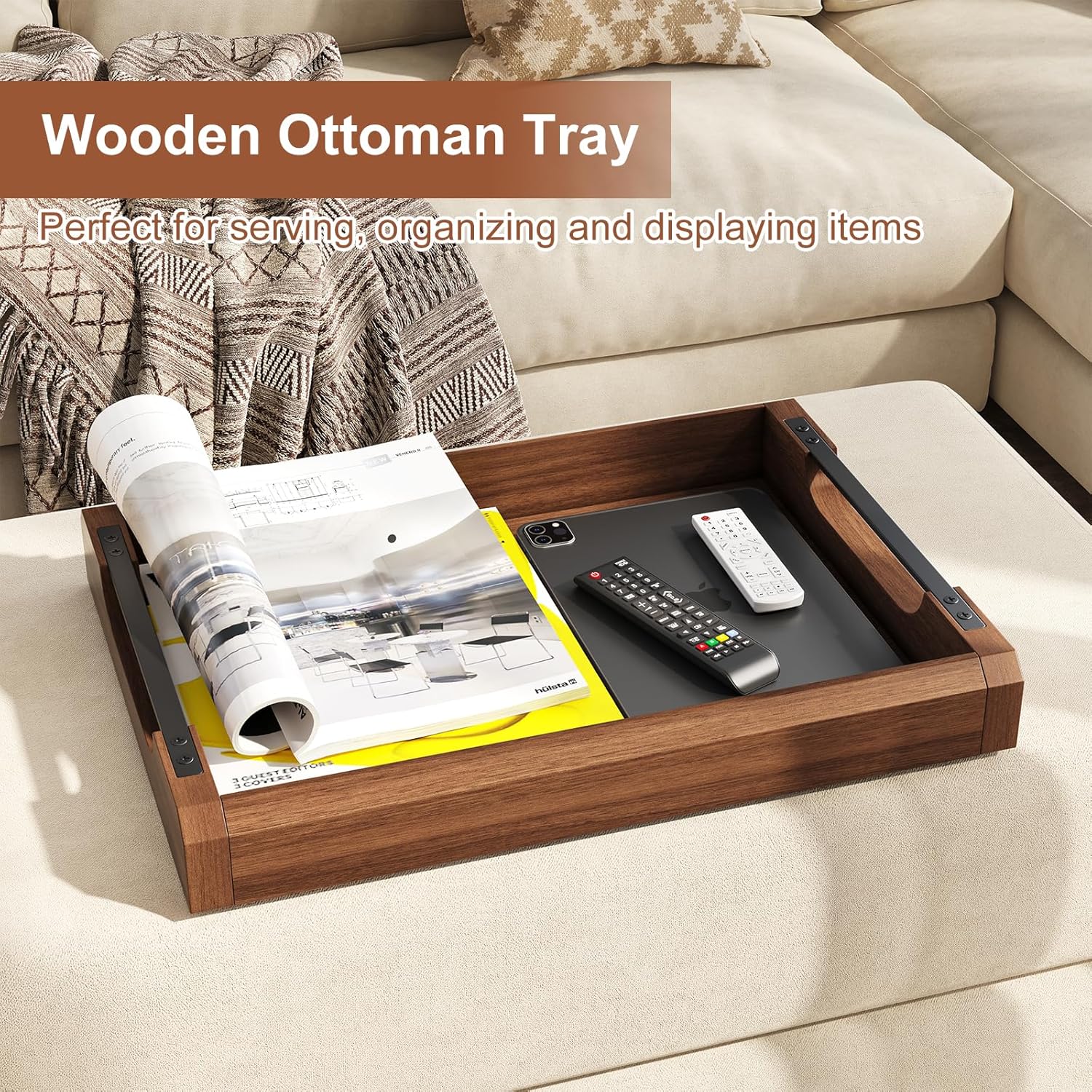 Set of 2 Acacia Wooden Ottoman Tray for Living Room, Wood Serving Tray with Handles, Decorative Coffee Table Trays for Ottoman, Large Serving Platter for Dinner, Breakfast in Bed, Kitchen Counter Top