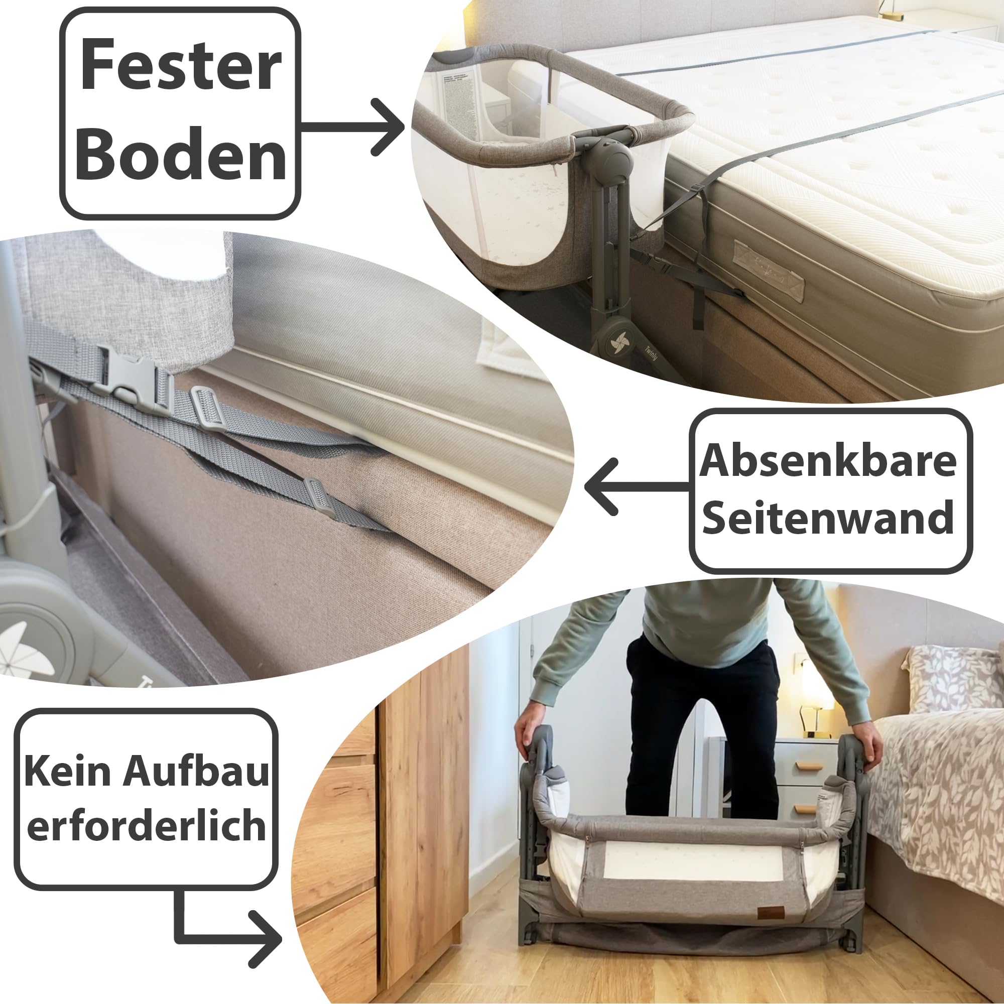 Twinly – Beistellbett Baby Comfortly mit Rollen | Klappbar & Höhenverstellbar (5 Stufen), Atmungsaktiv ab 0+ Monate bis 9 kg, inkl. Matratze, Laken & Tasche – Ohne Montage (Beige) | Höhenverstellbar und Anti-Rückfluss-Funktion, inklusive Matratze, Bettlak