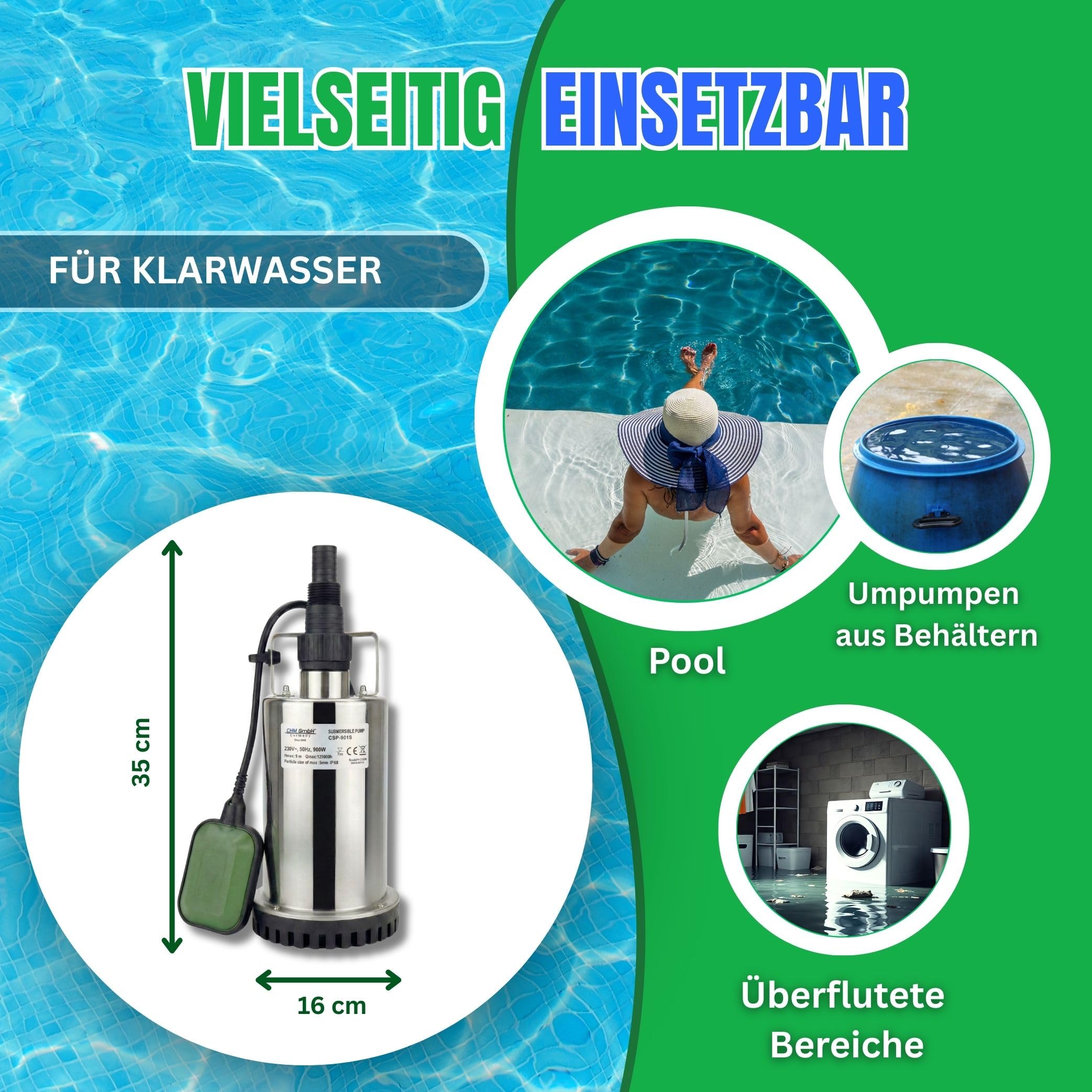 Flachsaugende Edelstahl Tauchpumpe 900 Watt Schmutzwasser geeignet Fördermenge und Hubhöhe 12500l/h 9 Meter mit Schwimmschalter und Dauerbertieb funktion