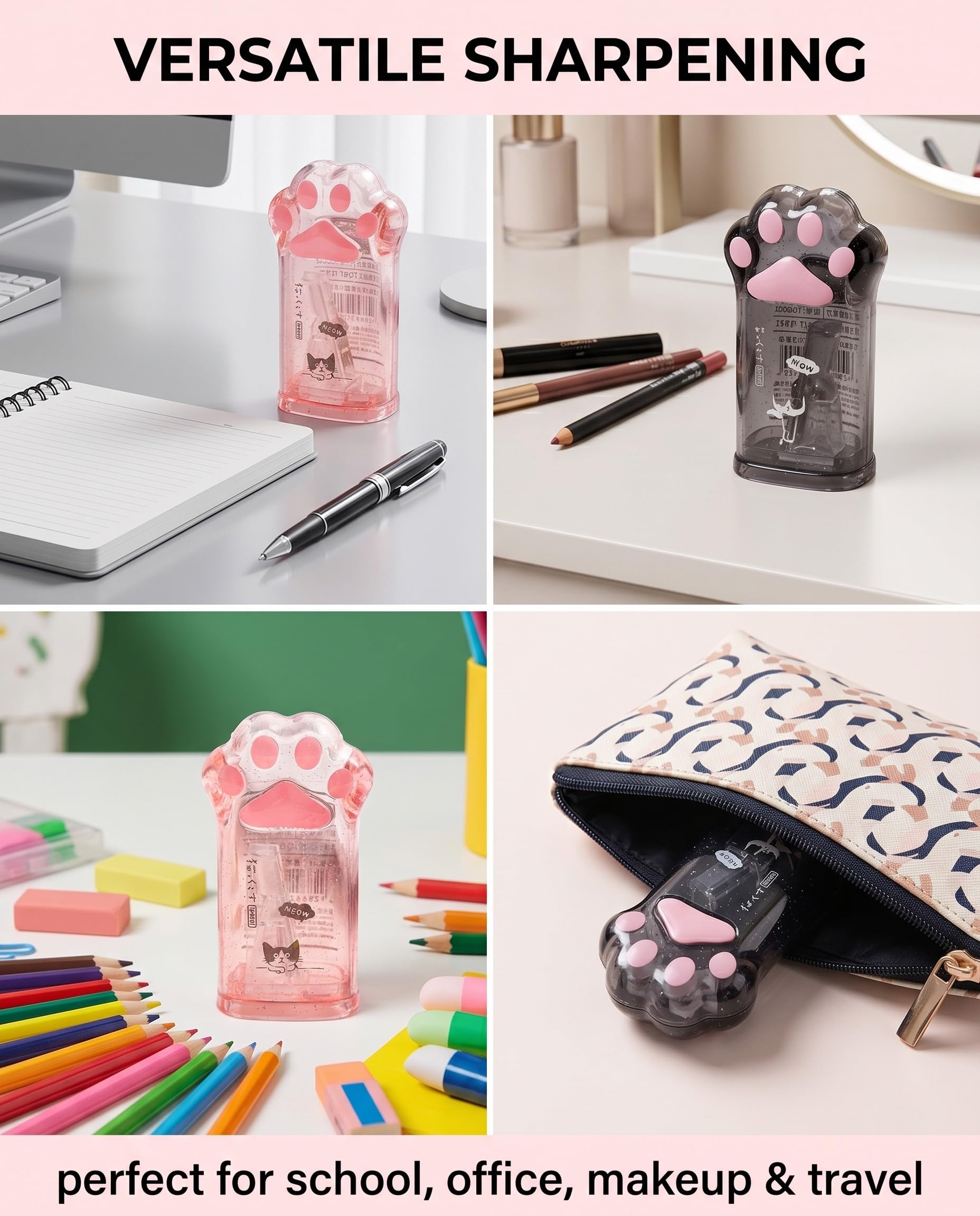 Temperino Matite Trucco 2 Pezzi Artiglio di Gatto, Universale Cosmetico per Occhi Labbra Sopracciglia, Trasparente Rosa e Nero, Lame di Precisione
