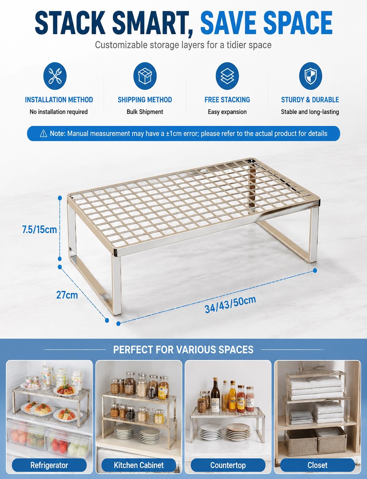 Estante organizador for refrigerador, estante de almacenamiento apilable | Con diseño de rejilla, estante divisor de despensa de alambre for cocina(Natural,50x27x15cm)