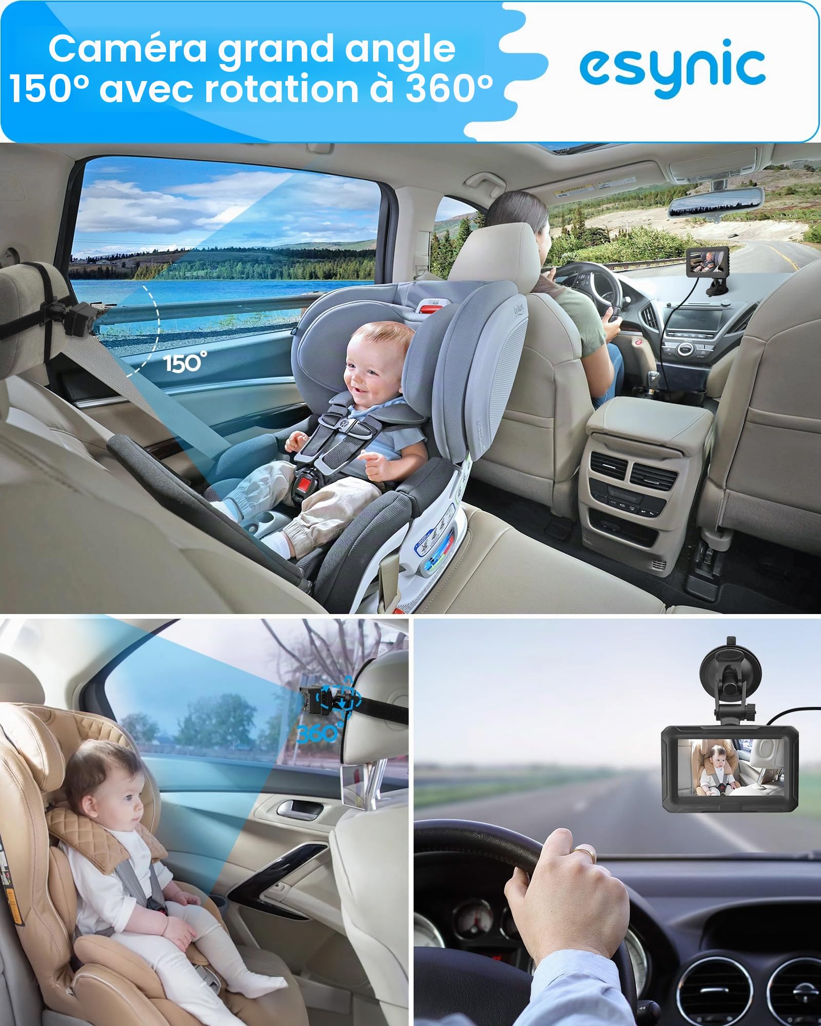 eSynic Miroir Voiture Bébé HD 1080P Rotation à 360 Retroviseur Voiture Bebe avec Lampe Infrarouge de Vision Nocturne Support Adhésif Solide Miroirs Auto Bébés Alimentation par USB Installation Facile