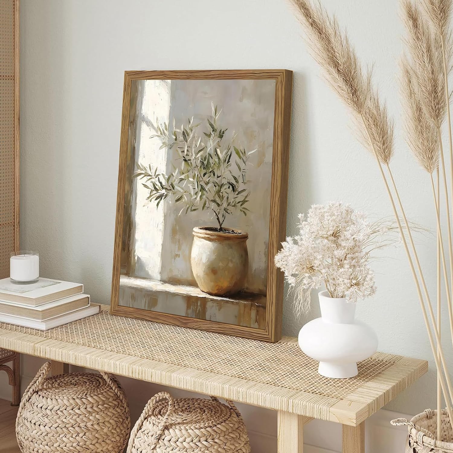 Vintage Framed Olive Tree Canvas Wall Art, Neutral Botanical Pictures Wall Decor, Rustic Potted Plant Paintings Prints, Organic Modern Farmhouse Artwork for Living Room Bedroom 16x24 Inch