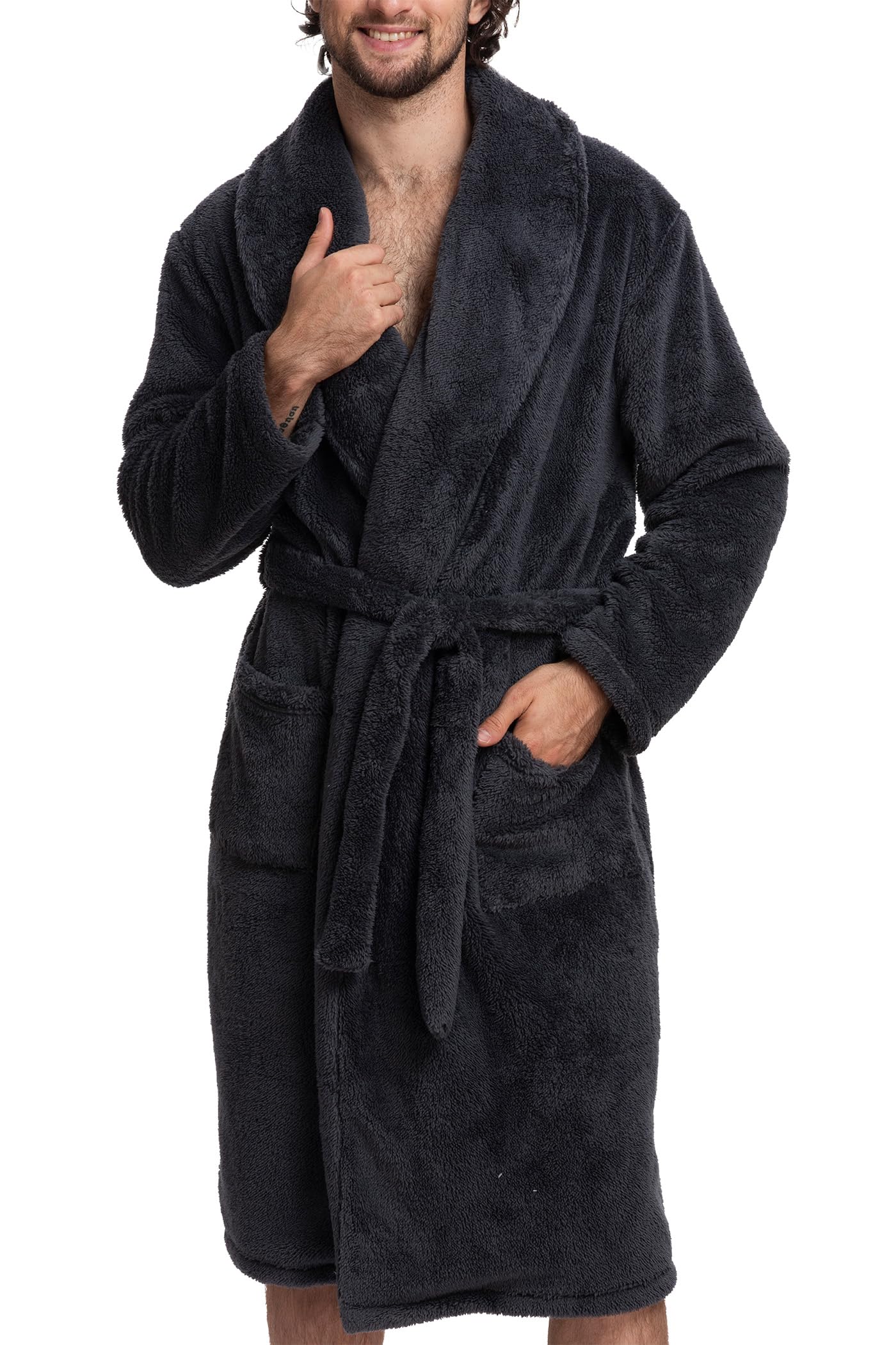Mad Dog Mens Sherpa Robe Bathrobe for Men - Men's Plush Robe, Lightweight, Fluffy, Full Length Hooded Winter Robe, Gray