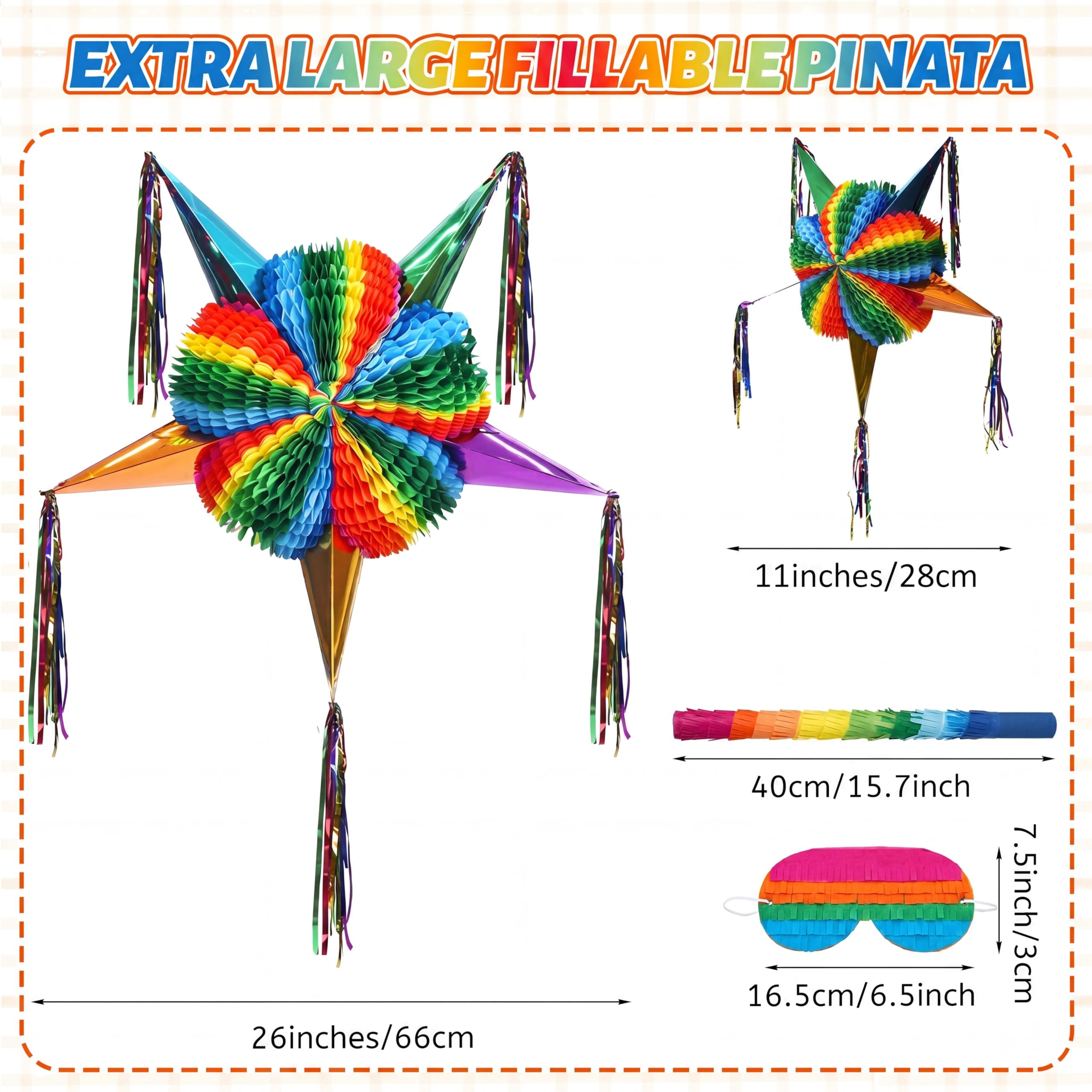 Set di piñata grande da 66 cm con bastone bendato, coriandoli pieghevoli messicani Fiesta Piñata arcobaleno decorazioni a nido d'ape per Cinco De Mayo festa di compleanno Carnevale Taco