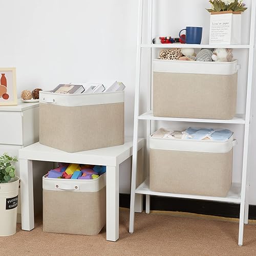 Miniatura 4 de Bidtakay Cestas grandes para estantes, contenedores de lona para organización del hogar paquete de 4 cestas de tela beige para armario, pasillo,