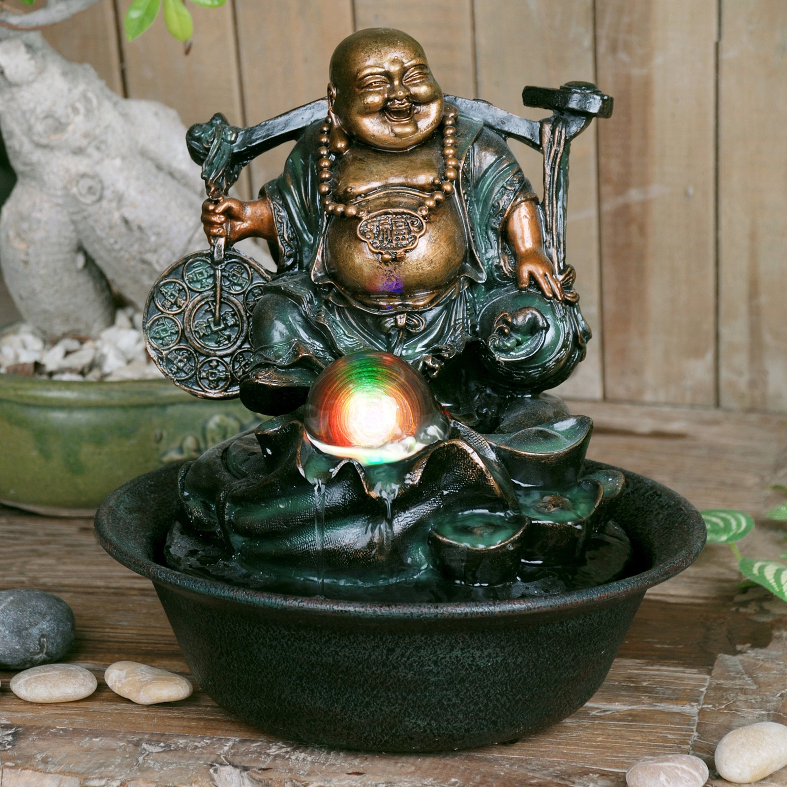 Hi-Line Gift Ltd Lucky Buddha Fountain with Spinning Ball/LED Light