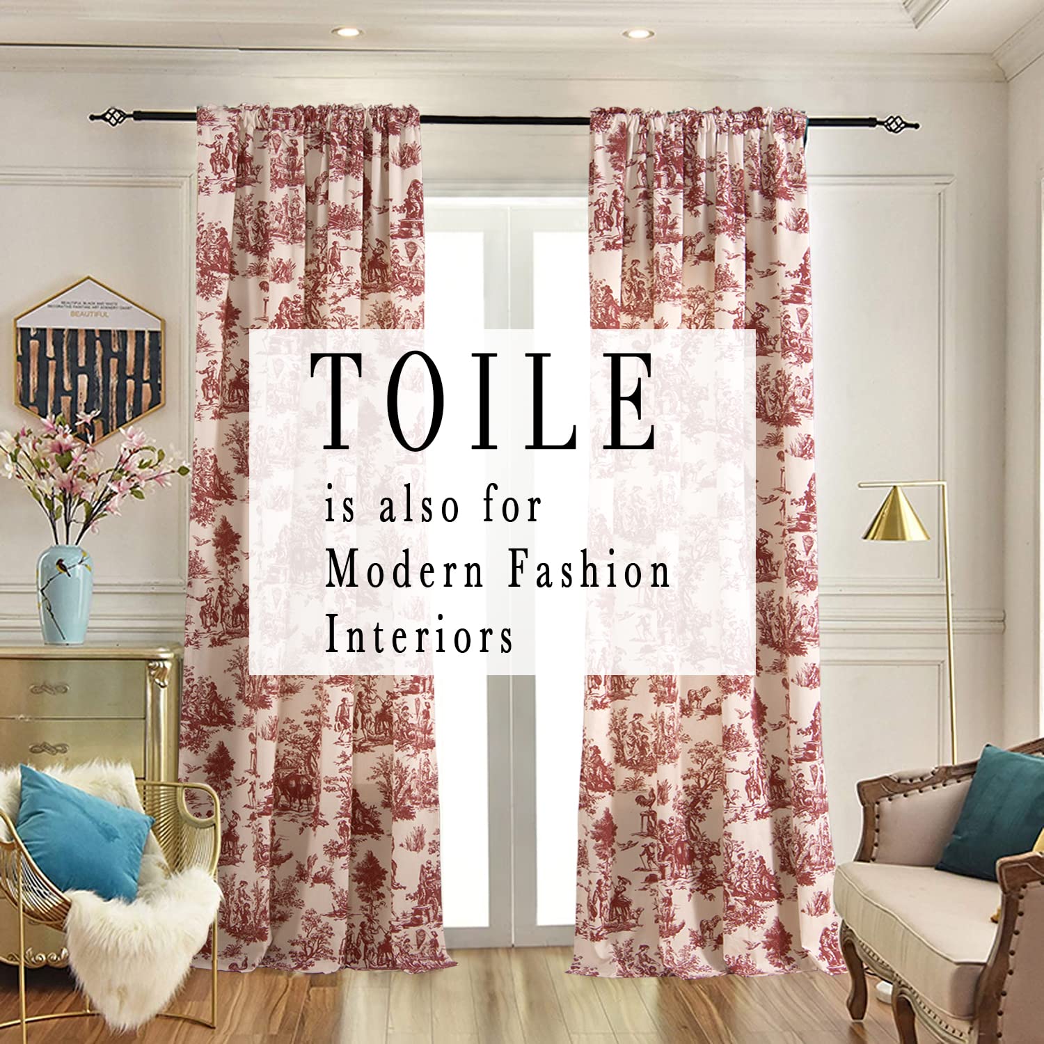 XTMYI 108 Inch Curtains 2 Panel Set for High Ceiling,Extra Long Large Semi Sheer French Countryside Antique Western Curtains for Living Room Bedroom,Copper Burgundy Red - Image 2