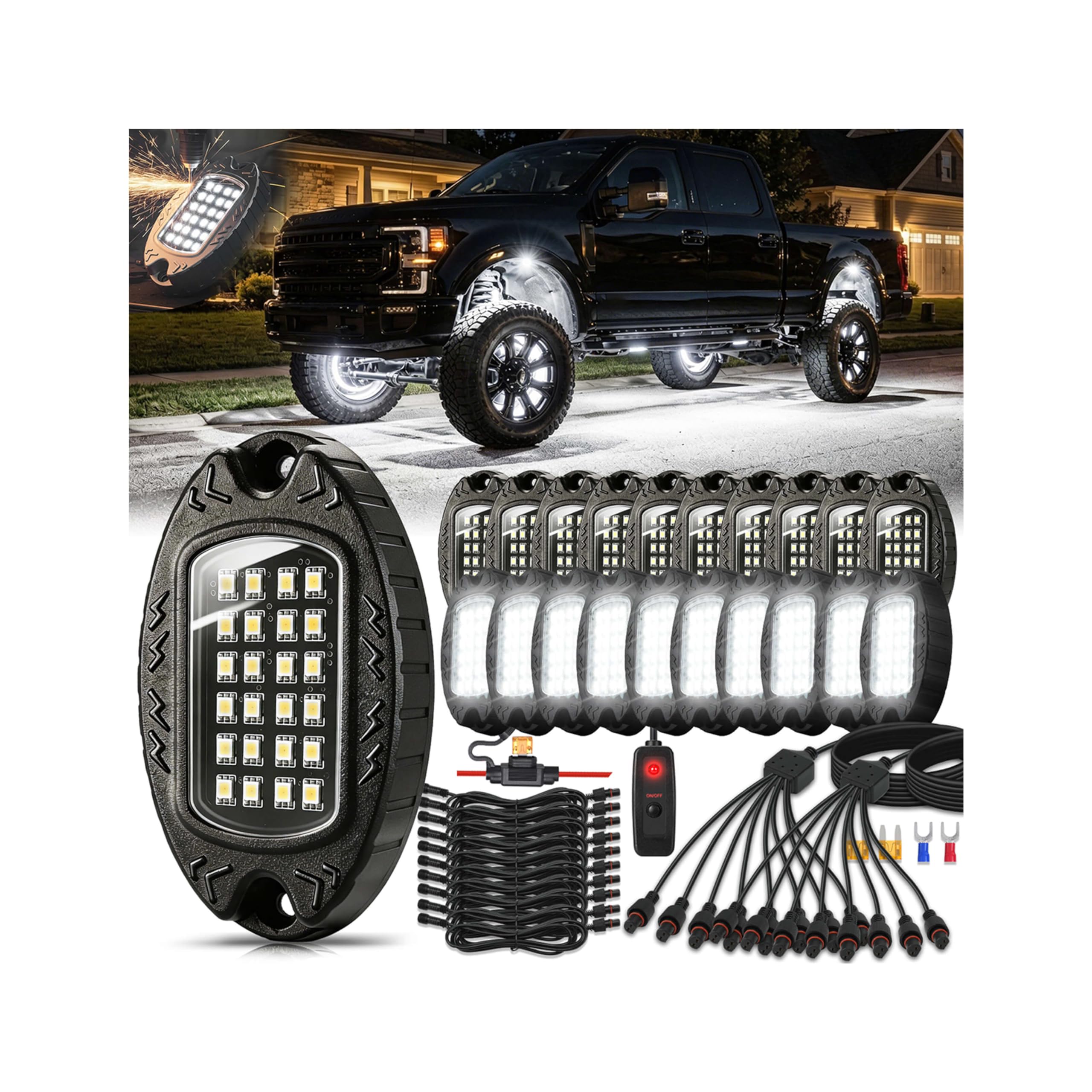 20Pods Metal Pure White LED Rock Lights Kit 6500K for Truck Pickup Offroad