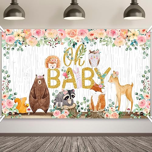 Tatuo Telón de fondo para baby shower, decoración de animales del bosque de poliéster, incluye cuerda para colgar, estilo niña, 6 x 3.6 pies