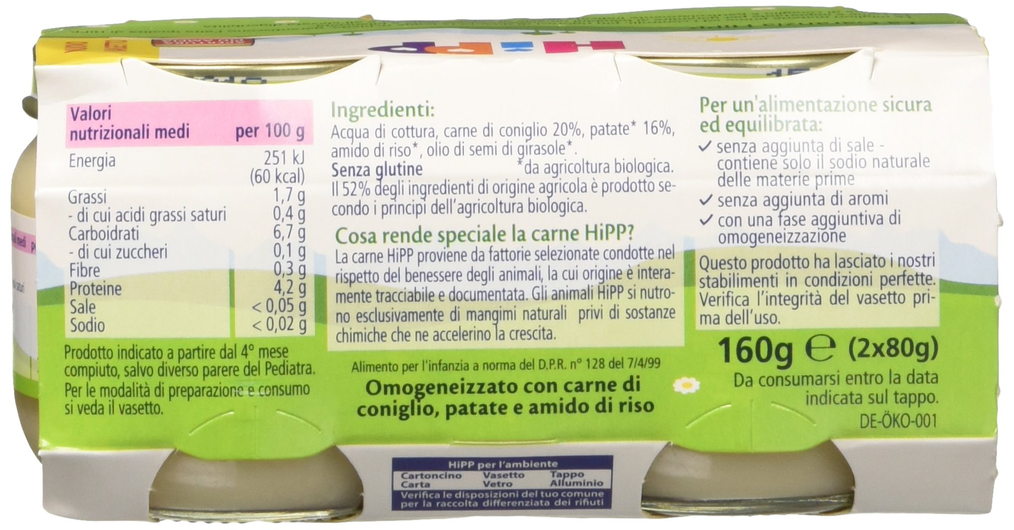 HiPP - Omogeneizzato di Carne per Neonati, Gusto Coniglio con Patate, Senza glutine, Senza Sali e Aromi Aggiunti, 24 Vasetti da 80 g