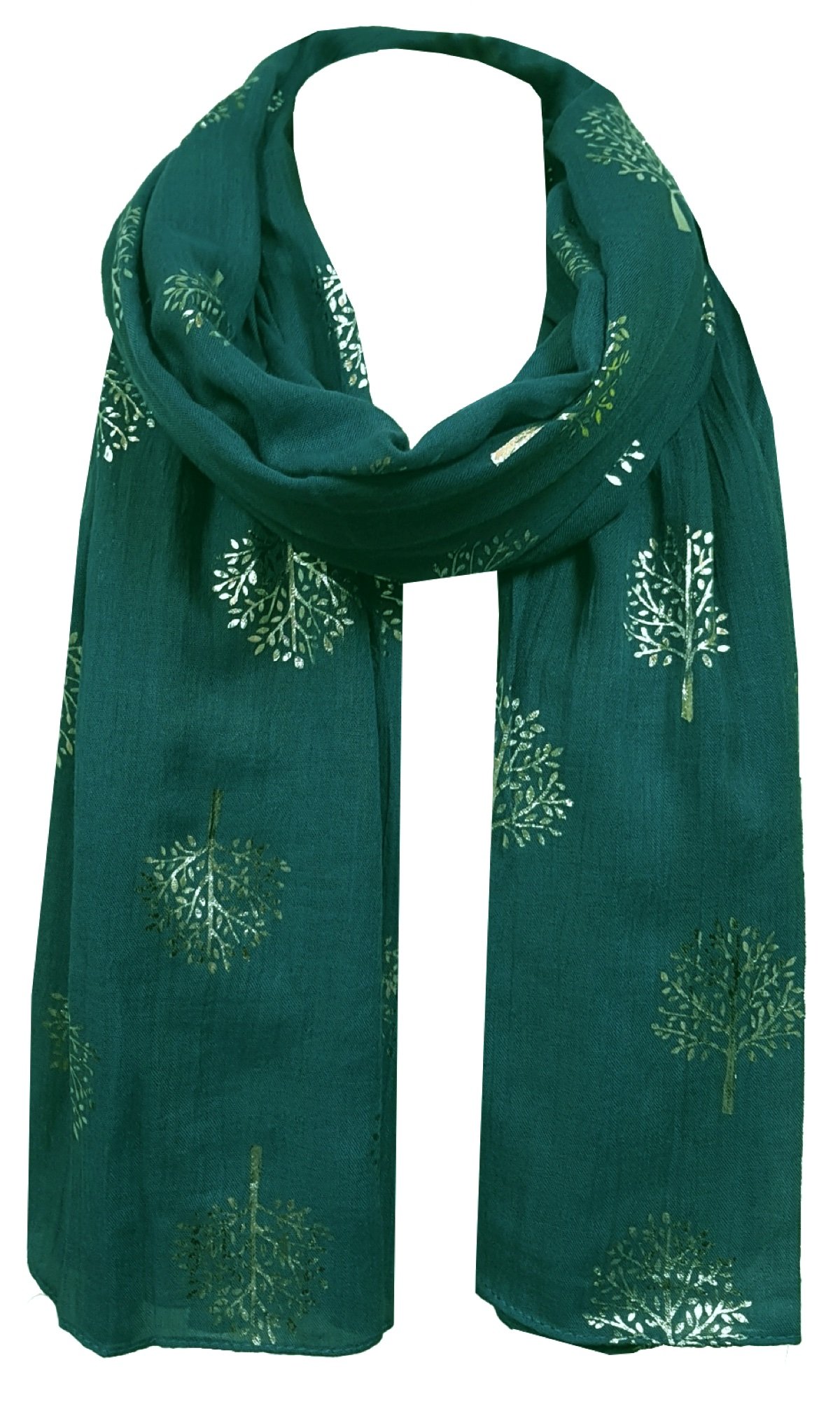 World of Shawls Silver Foil Mulberry Tree Print Fashion Scarf (Teal Green)