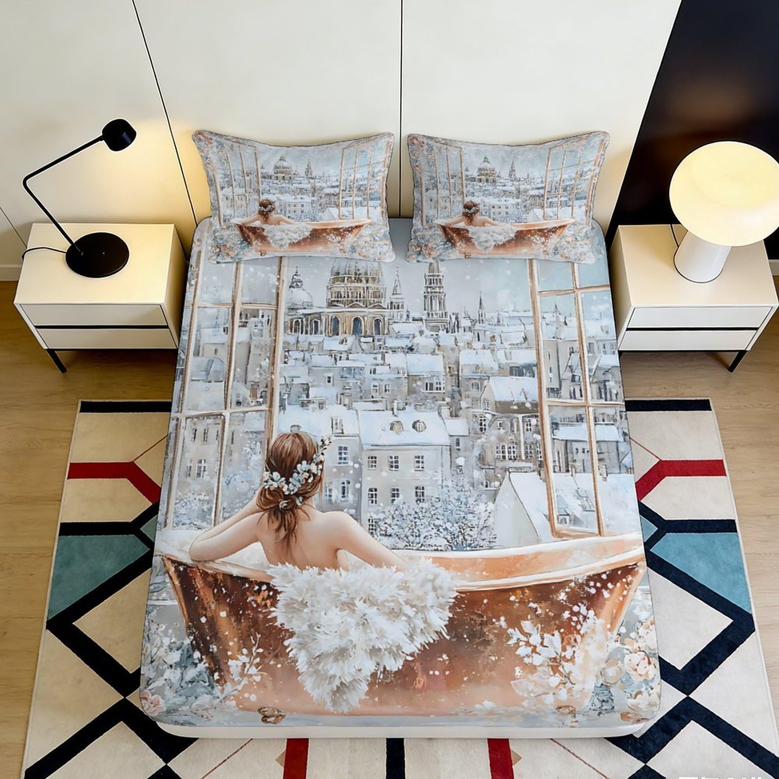 3D Printed Bathtub Cityscape Fitted Sheet Microfiber Deep Pocket Non-Slip Bathtub City Mattress Fitted Cover for Bedroom Bedding 200x200x25cm 90x200x25cm