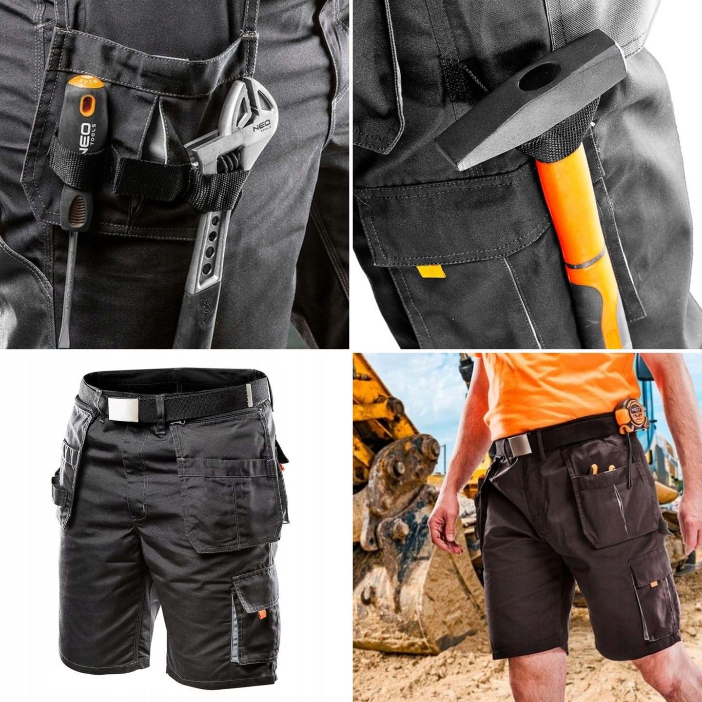 NEO TOOLS Herren Satz Kurze Arbeitshose + Fleece-Arbeitsjacke und T-shirt | Hosengürtel Gr. S - XXL, Modisches Design, Strapazierfähige Arbeitshose, Für den Sommer