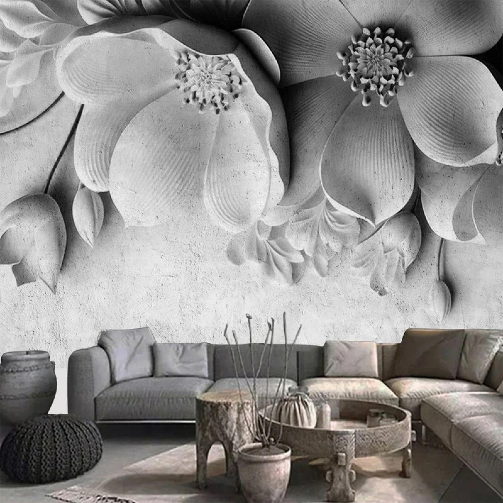 Papier peint autocollant mural 3D effet ciment gris et fleurs