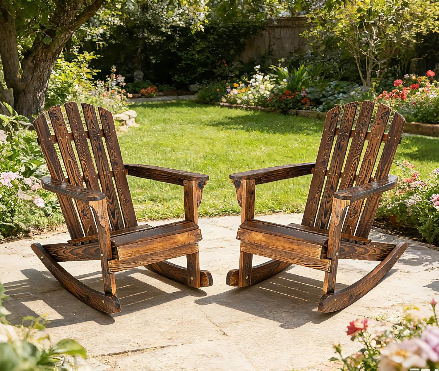 Adirondack Rocking Chairs Set of 2 - Outdoor Wood Rocking Chair, Patio Rocker Rocking Chair High Backrest for Porch, Balcony, Backyard, Poolside