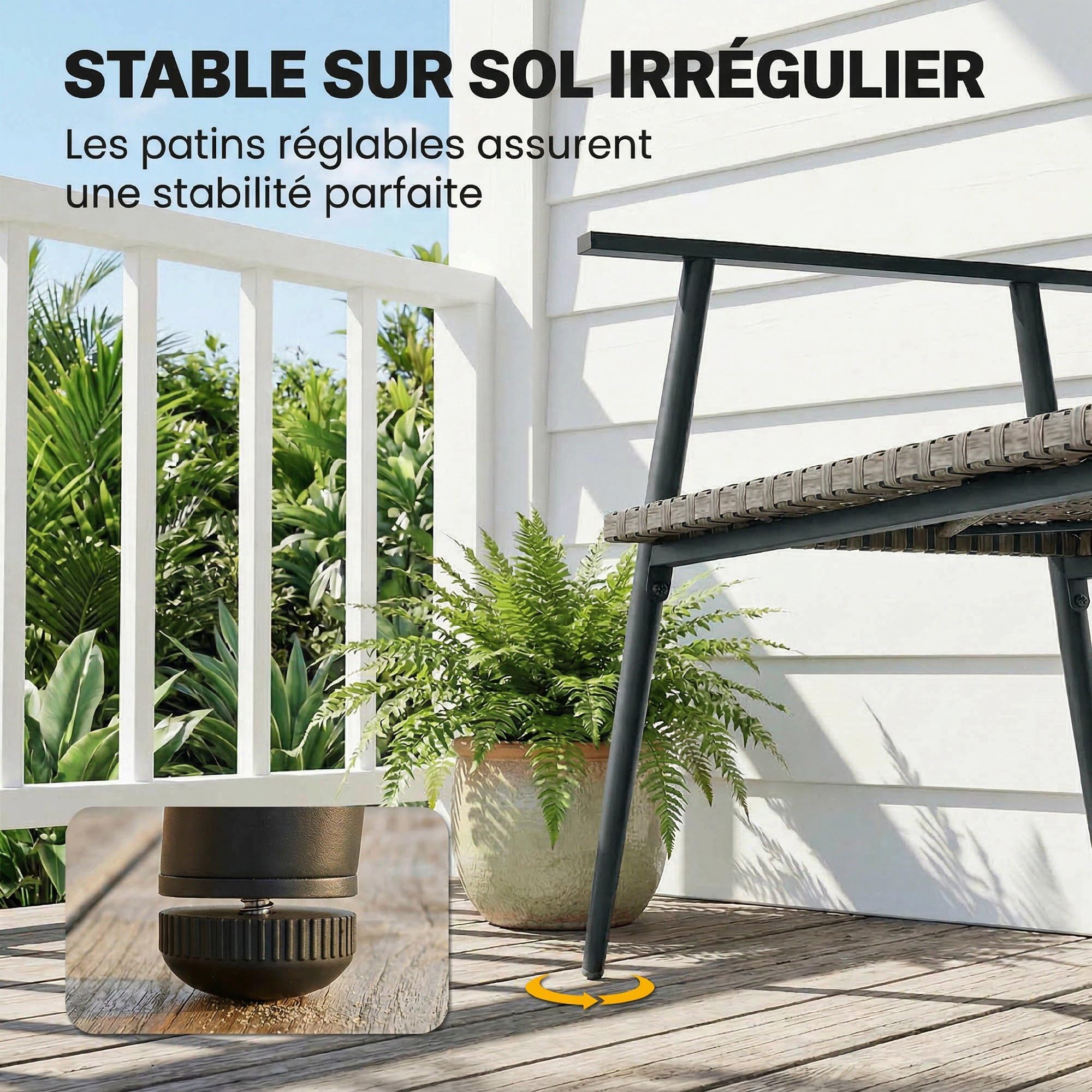 Outsunny Panca da Giardino a 2 Posti in Resina Intrecciata PE con Braccioli, Schienale e Gambe Regolabili, Struttura in Acciaio Zincato, Grigio