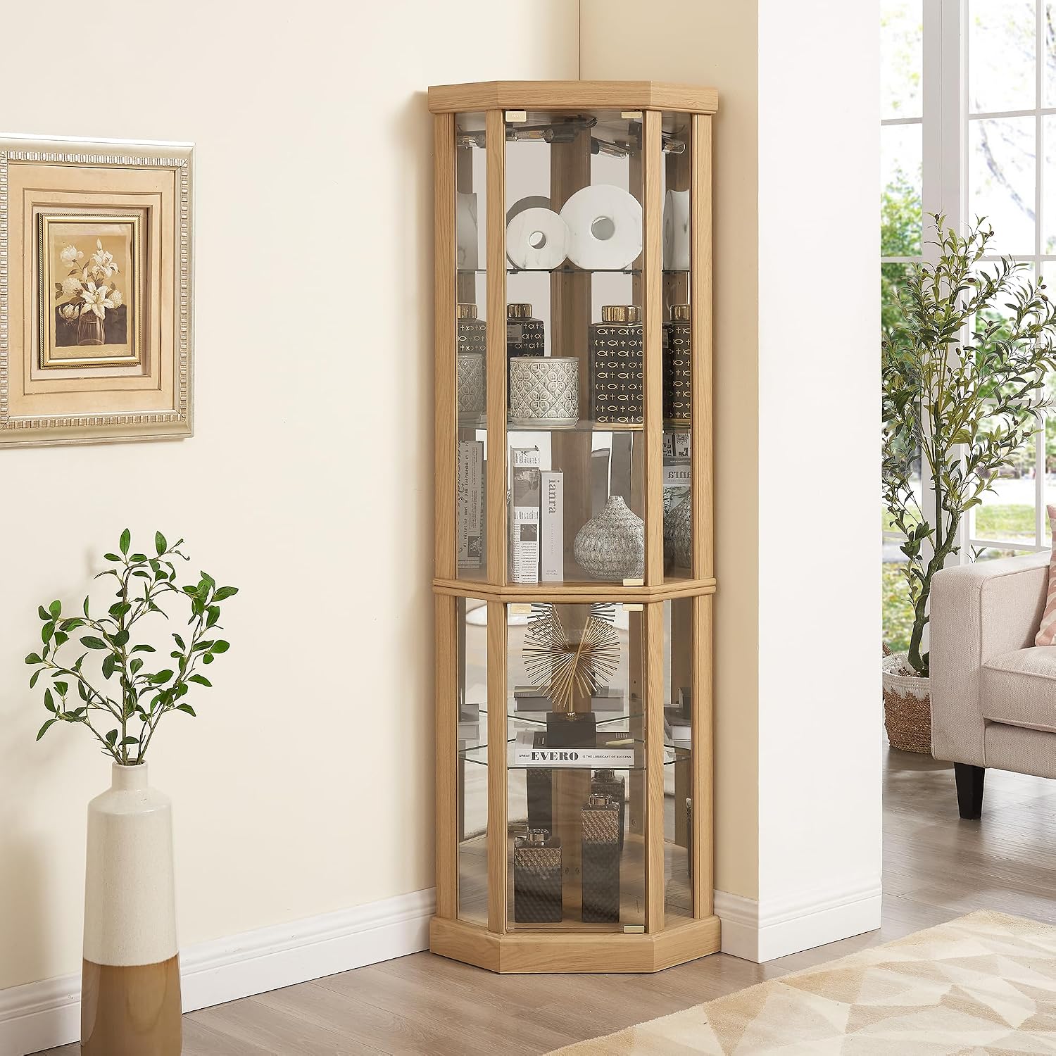 69" H Corner Curio Cabinet with Light, Corner Glass Display Showcase with Adjustable Shelves & Glass Doors, Wooden Accent Storage Curio Storage Rack for Living Room (Light Oak)