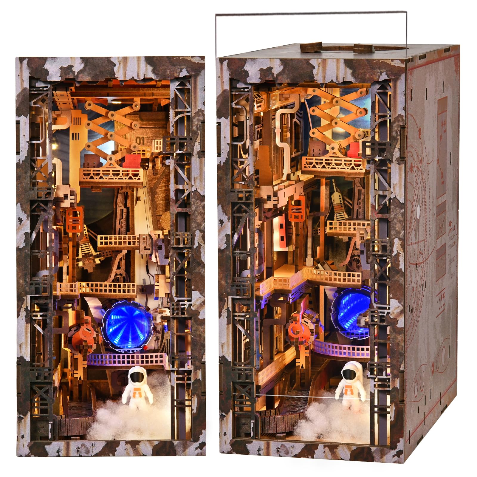 MiniCity DIY 3D Wooden Puzzle Book Nook Bookshelf Insert Decor with LED Light and Dust Cover (Aerospace Foundry) — image 1