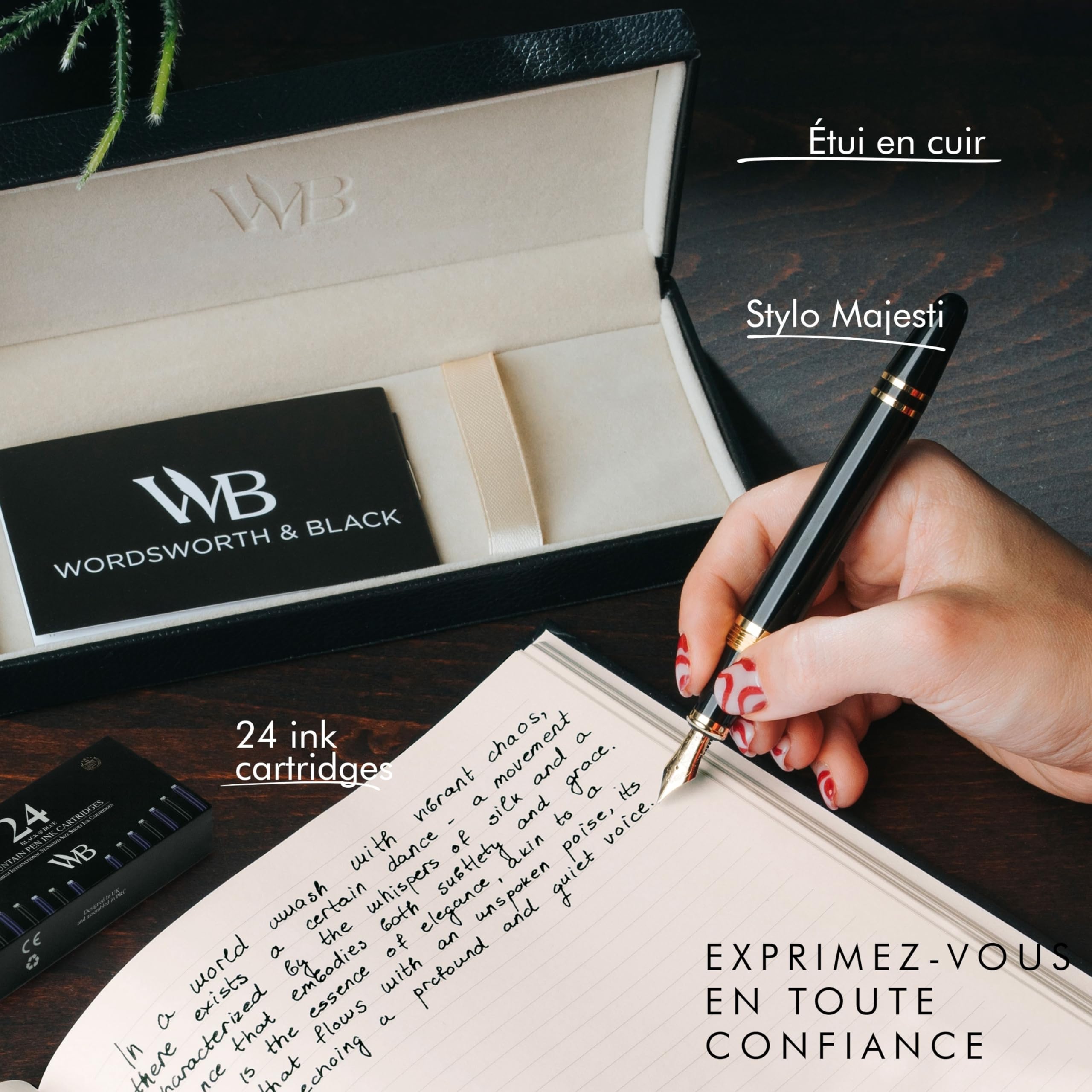 Wordsworth & Black Stylo plume Majesti (Or Noir), étui de luxe, finition chromée, 24 cartouches d'encre Iridium pointe moyenne, kit-cadeau Stylo plume rechargeable pour hommes et femmes