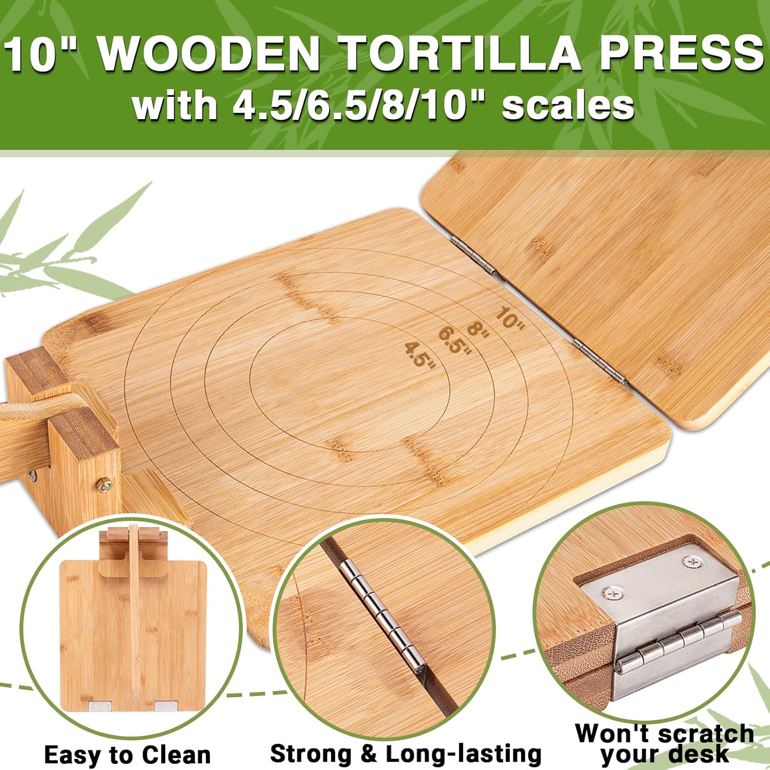 Upgraded Wooden Tortilla Press - 10 Inch Square Wood Tortilla Maker Press with 60 Pcs Parchment Paper & Scraper, 4.5” to 10" Bamboo Mexican Tortillera Presser for Homemade Tortillas, Pataconera