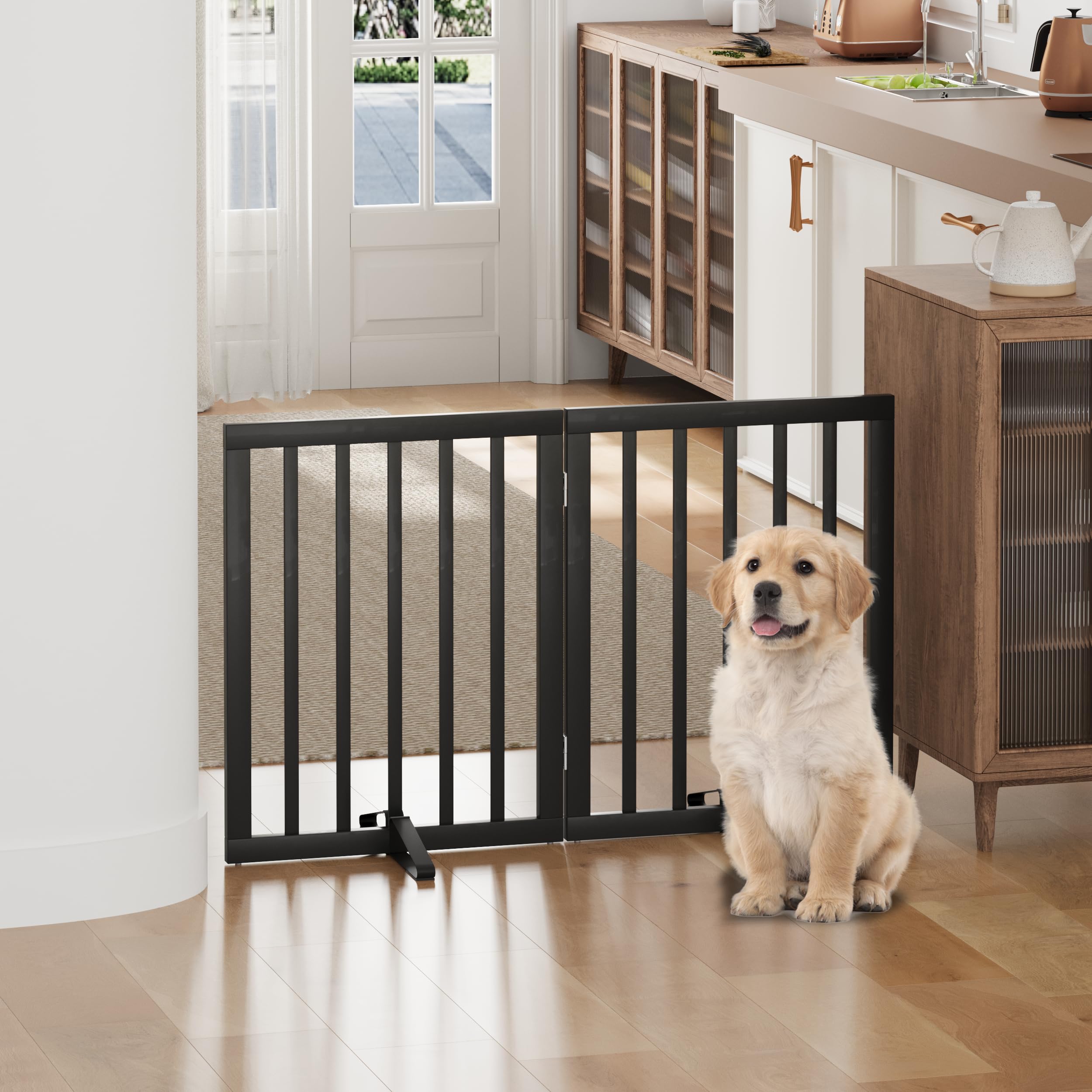 Dog Gates for Doorways, Foldable Dog Gate Indoor, Freestanding Pet Gates for Doorways Bedroom, Puppy Gate with Metal Support Feet, Room Divider 3 Panels (Walnut) — view 32