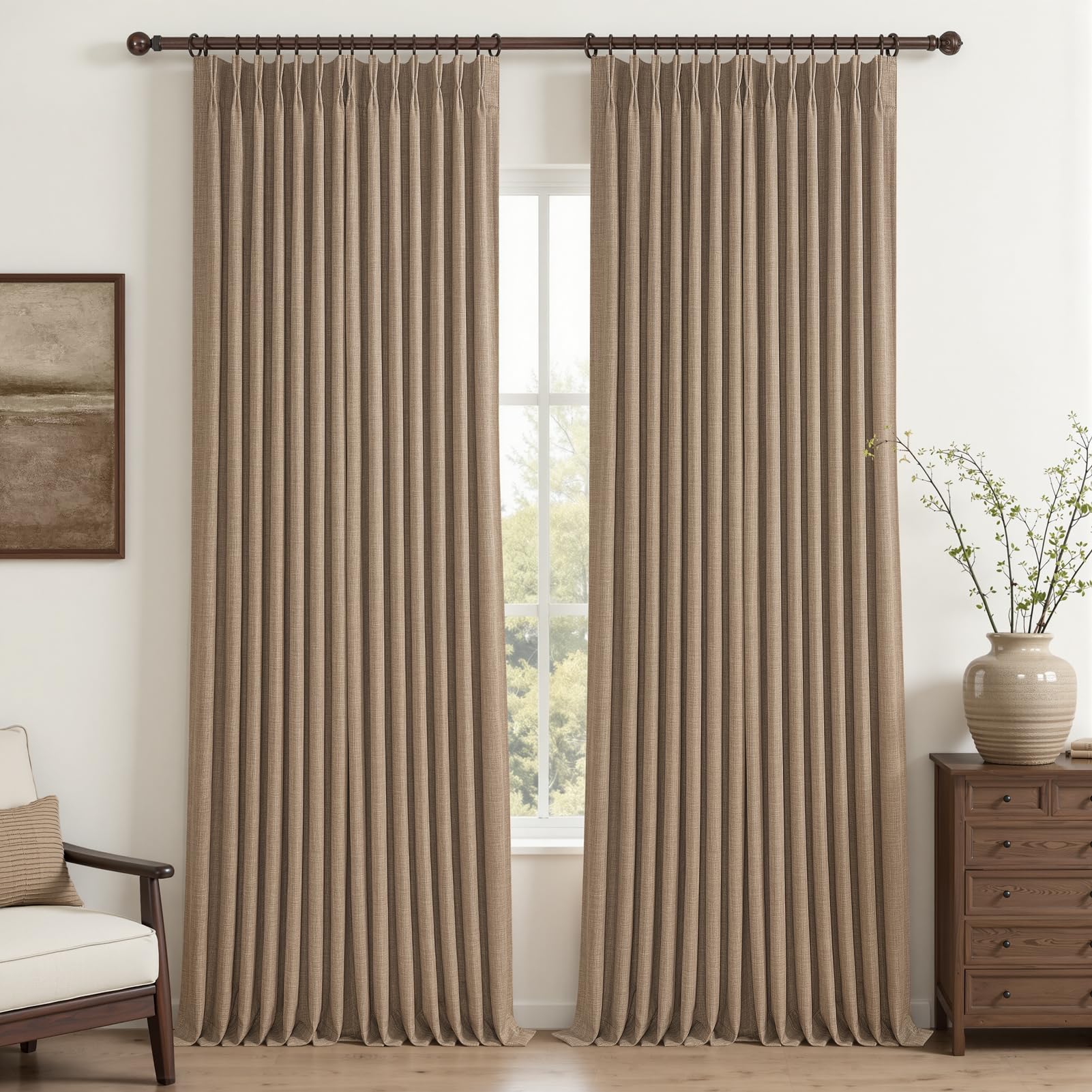 Blackout Double Layer Thick Linen Curtains 108 Inches Long for Sliding Glass Doors, Rust Brown Memory Trained Pinch Pleated Insulated Noise Reducing Elegant Window Curtain & Drapes 2 Panels 9FT Length โ image 1