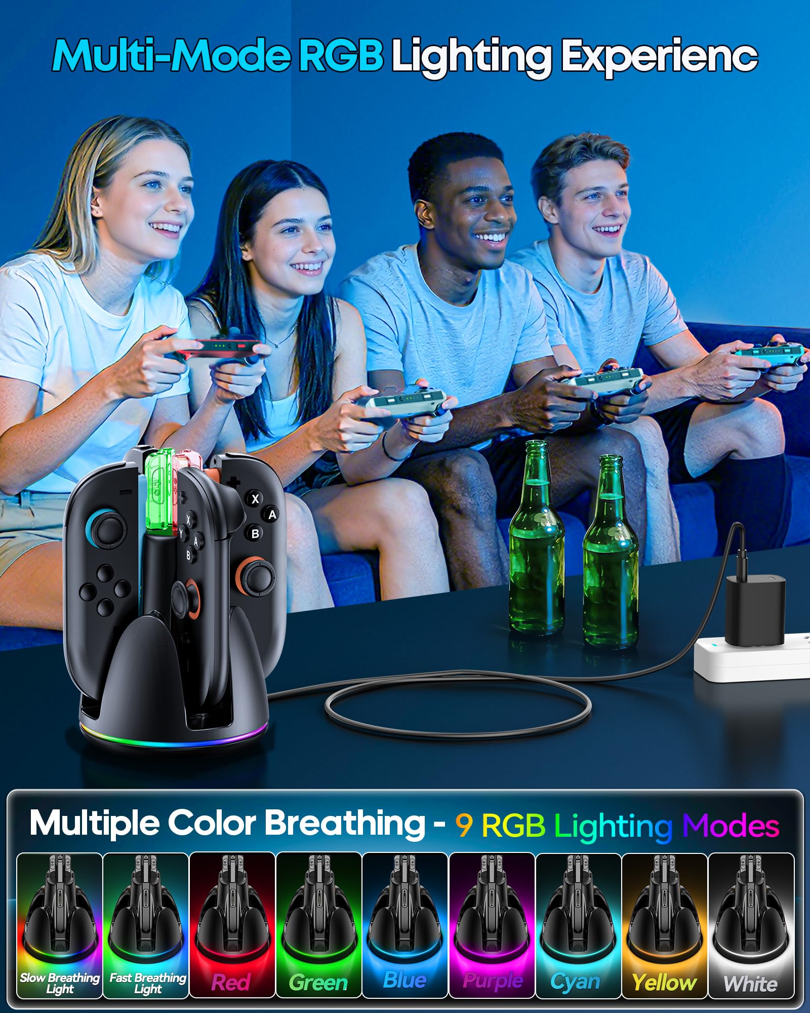 Rysker Station de Charge pour Manettes Switch 2, Chargeur Rapide pour 4 Joy-Con Switch 2, Support de Recharge avec 9 Effets Lumineux RGB et Indicateur LED, Socle de Charge pour Manettes Nintendo 2