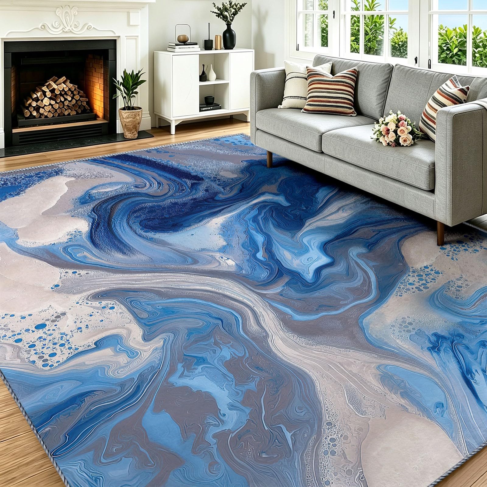 Tapis moderne abstrait bleu 120x170 lavable et antidérapant pour salon et chambre