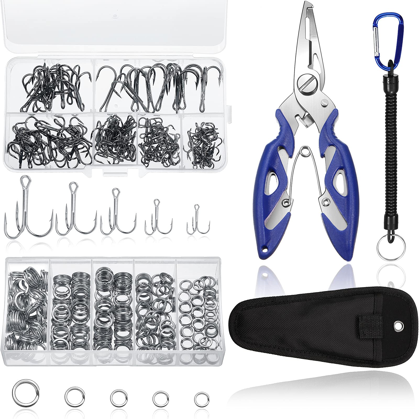 Skylety 200 Pcs Split Fishing Rings with Plastic Box, 100 Pcs Treble Hooks Kit with Plastic Box, 1 Piece Lure Tackle Connector Fishing Plier, and 1