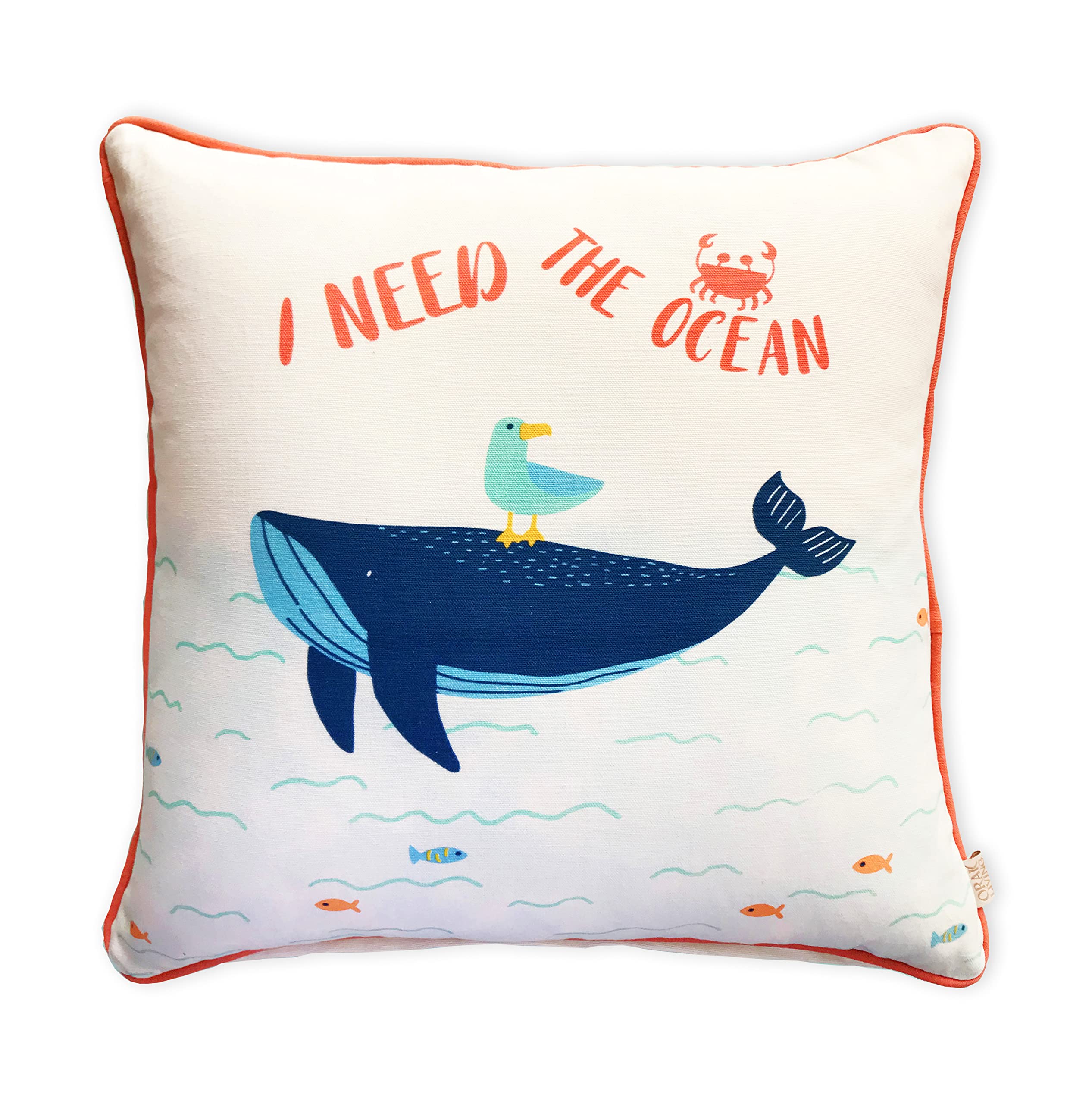 Orak Living Need for Ocean,Kids Cushion Cover 45 cms x 45 cms,Printed Canvas Cushion Cover with Contrast Piping,Kids Decor,Whale coshion Cover,Whale Pillow