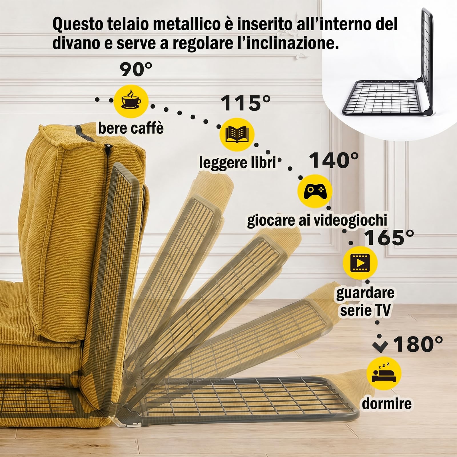 Fabulcozy Poltrona Letto 4-in-1, Schienale Regolabile 5 Posizioni in Velluto a Coste, Struttura in Ferro, Maniglia e Cinghie, Poltrona Multiuso per Soggiorno, Ufficio,Giallo