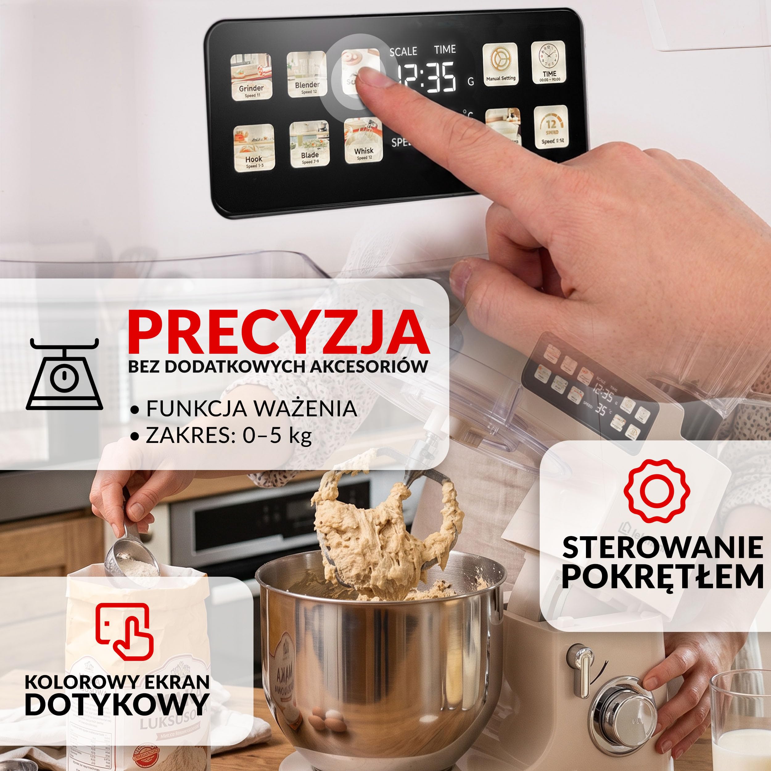 LEHMANN Teyles Robot planetarny 2100W 8L z wagą, wyświetlaczem dotykowym i podgrzewaną misą, robot kuchenny do ciasta, blender 1,5L, maszynka do mięsa, Beżowy